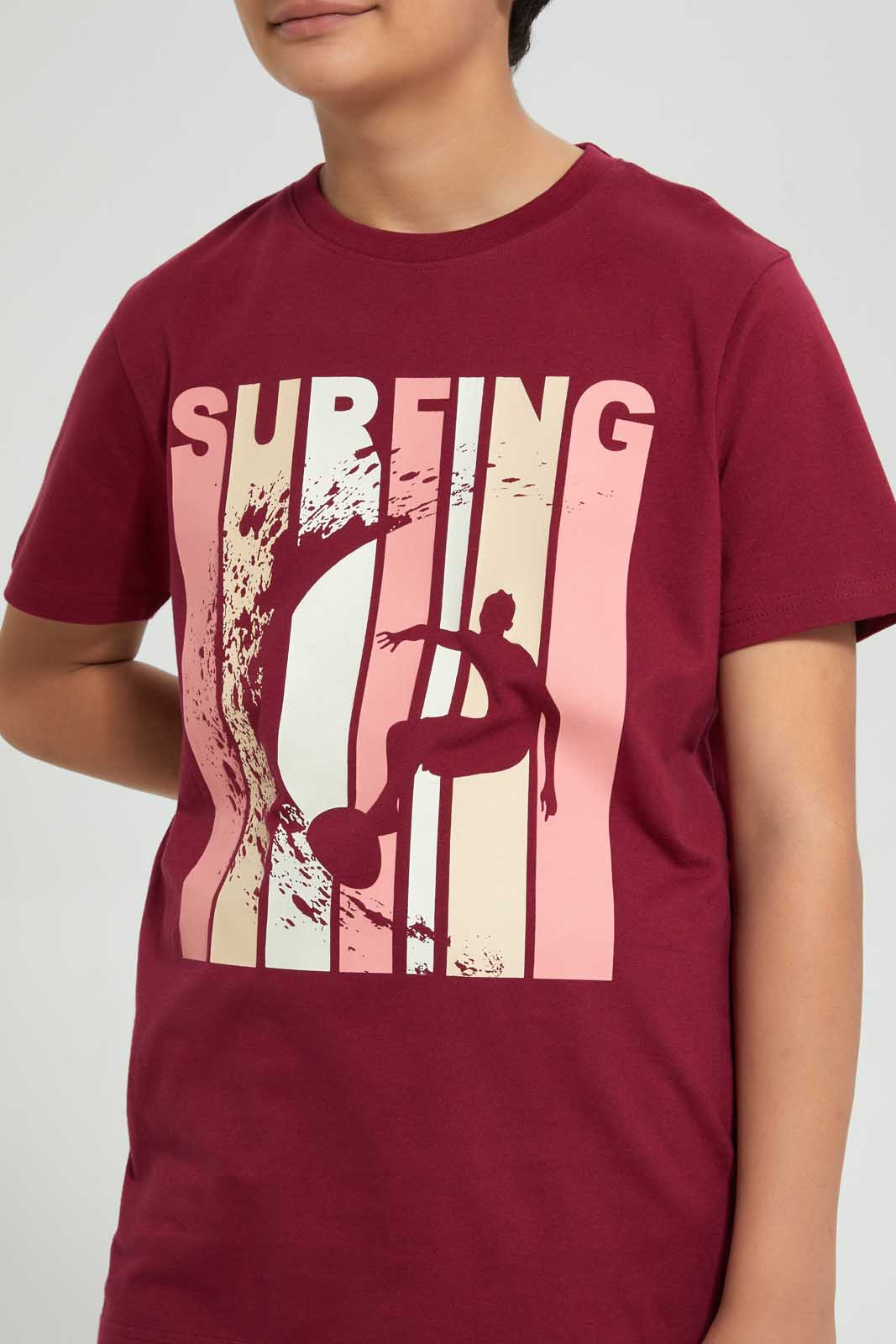 Redtag-Maroon-Surfing-Tee-Graphic-T-Shirts-Senior-Boys-9 to 14 Years