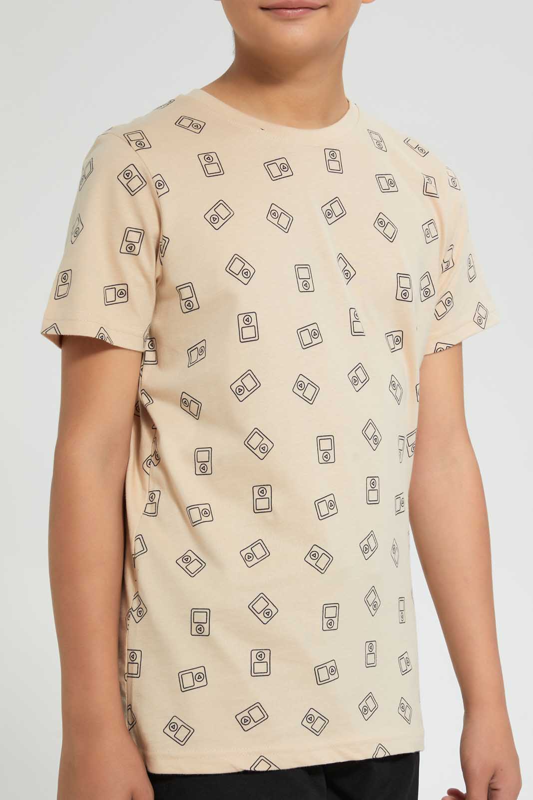 Redtag-Beige-Allover-Print-T-Shirt-Graphic-T-Shirts-Senior-Boys-9 to 14 Years