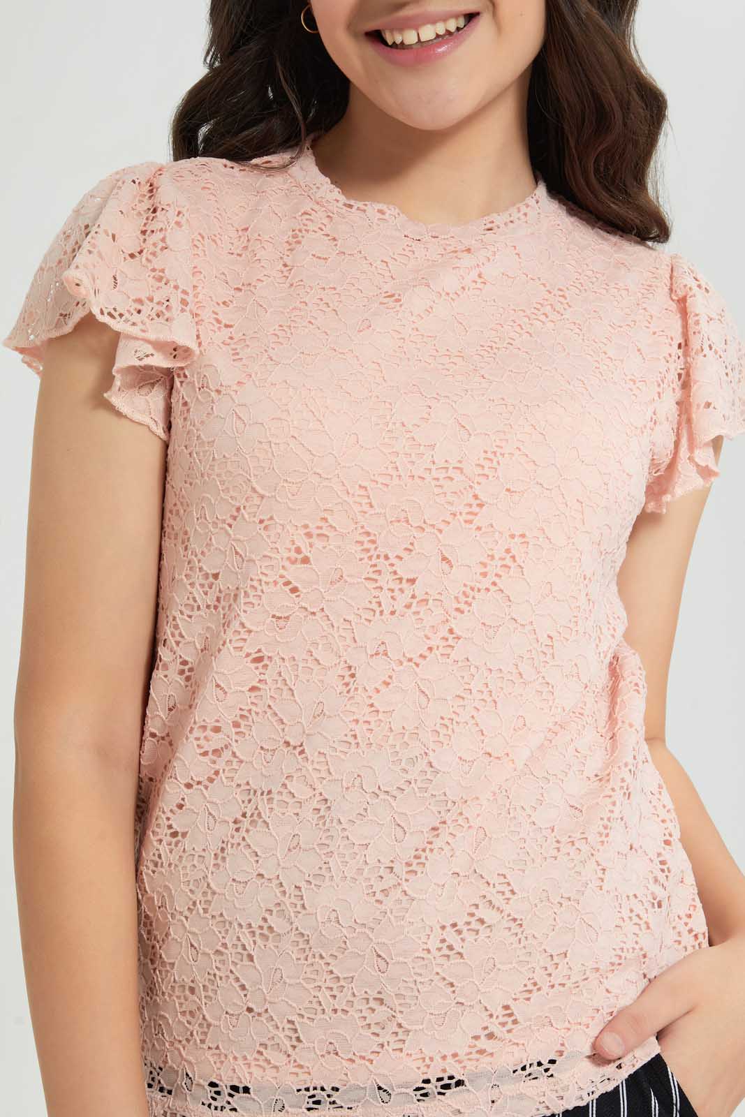 Pink Ruffles Sleeve Lace Top