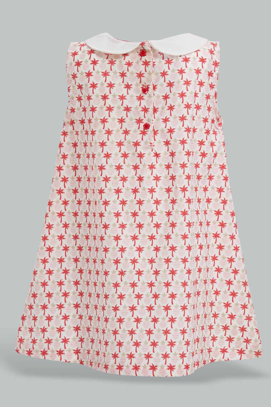 Redtag-White-Palm-Aop-Peter-Pan-Collar-Dress-Dresses-Infant-Girls-3 to 24 Months