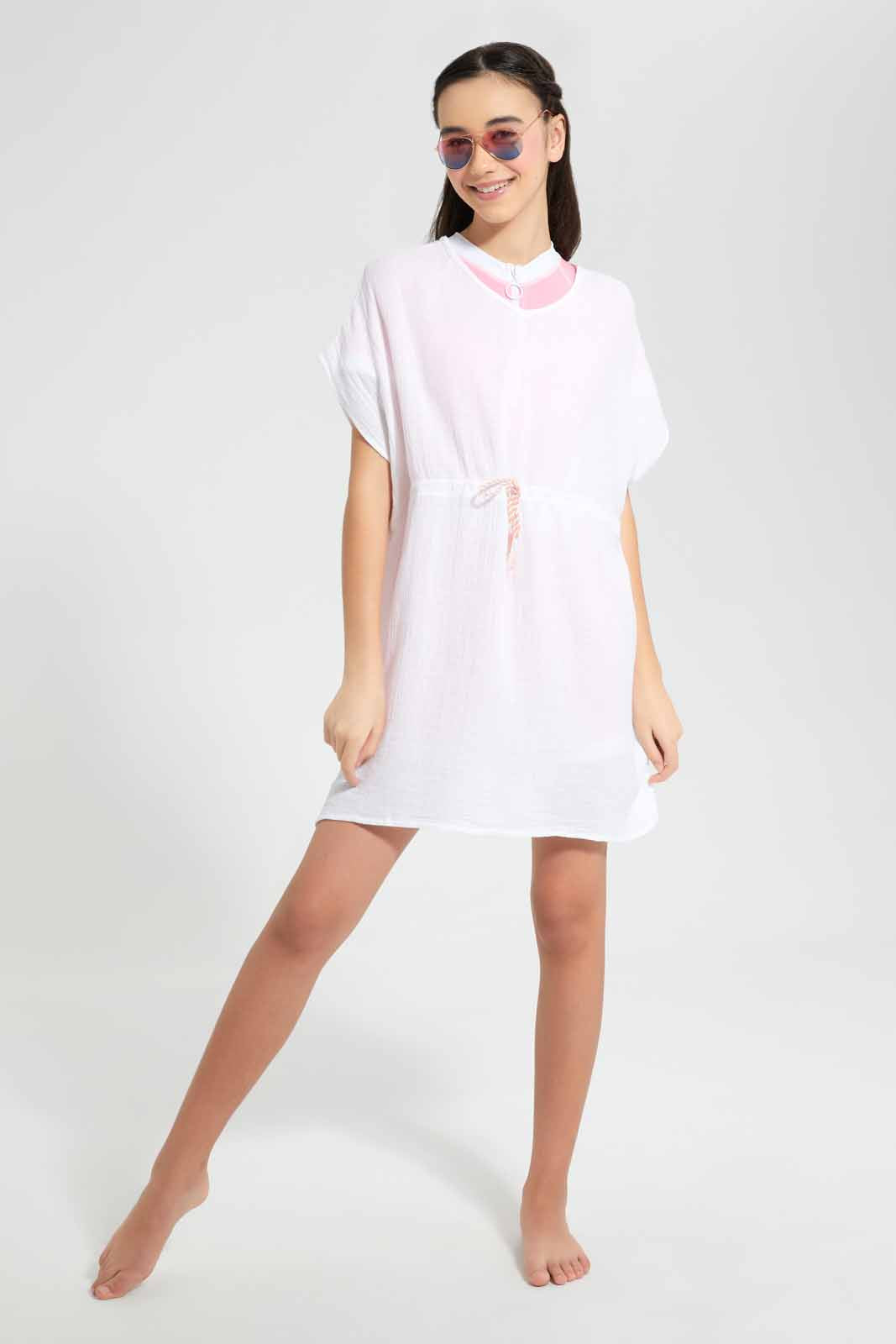 Redtag-White-Kaftan-Tunic-Dress-Category:Dresses,-Colour:White,-Deals:New-In,-Filter:Senior-Girls-(9-to-14-Yrs),-GSR-Dresses,-New-In-GSR-APL,-Non-Sale,-S22D,-Section:Girls-(0-to-14Yrs)-Senior-Girls-9 to 14 Years