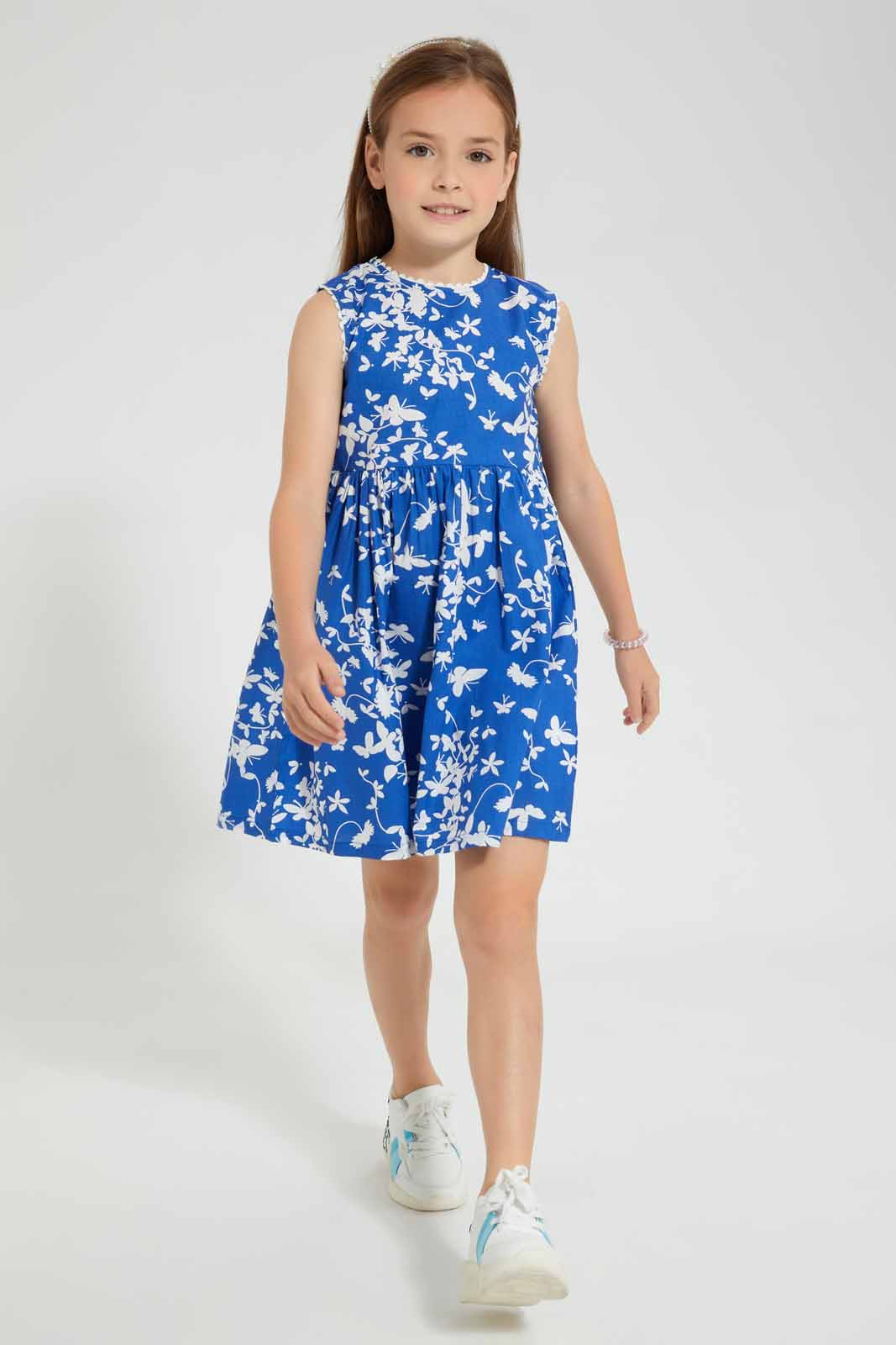 Redtag-Blue-Basic-Printed-Dress-Dresses-Girls-2 to 8 Years