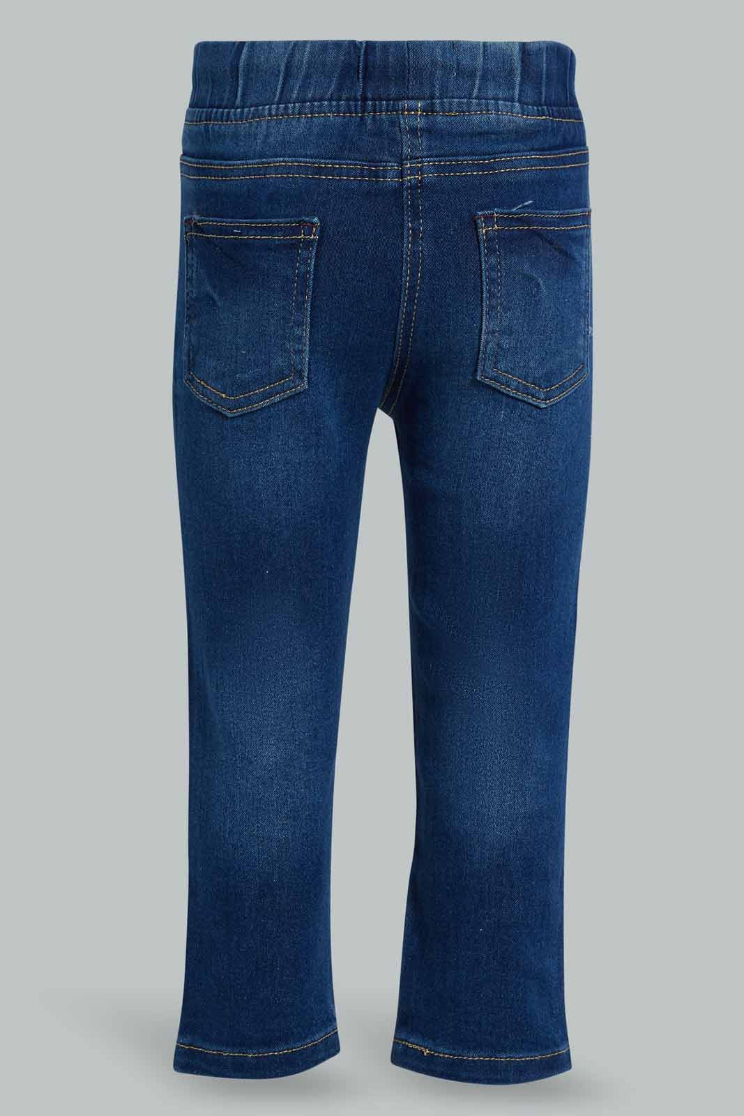 Redtag-Darkwash-Embroidered-Pullon-Denim-Jogger-Jeans-Jogger-Fit-Infant-Girls-3 to 24 Months