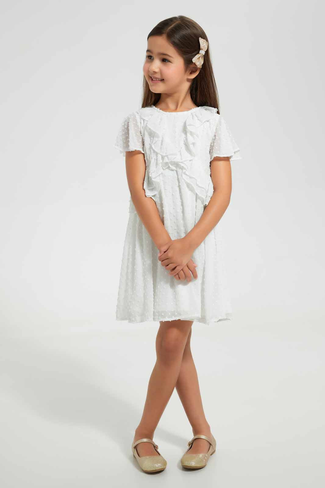 Redtag-White-Frill-Dobby-Dress-Dresses-Girls-2 to 8 Years