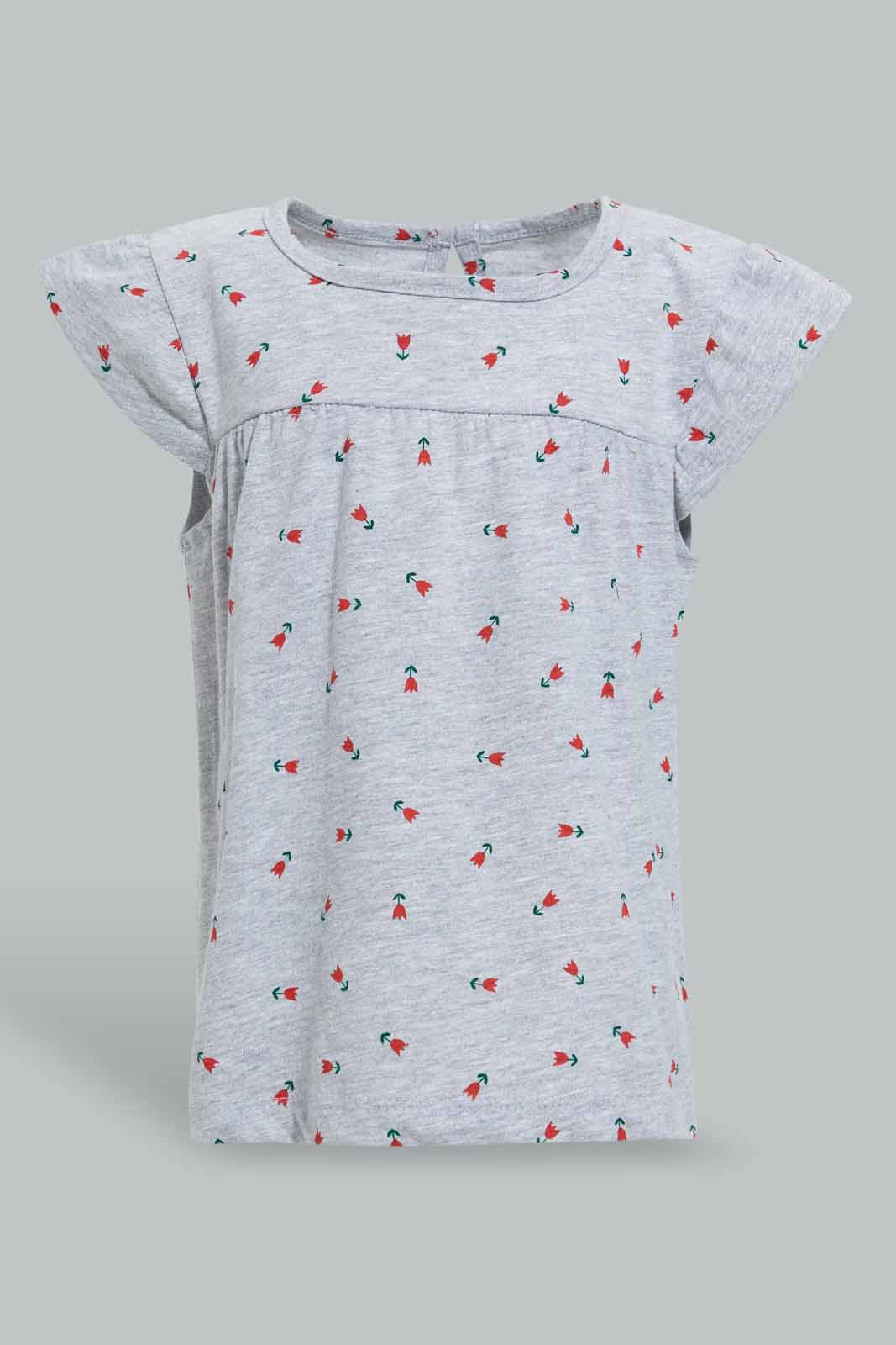 Redtag-Grey-Mélange-Floral-T-Shirt-For-Baby-Girls-Category:T-Shirts,-Colour:Grey,-Deals:Sale,-Filter:Infant-Girls-(3-to-24-Mths),-Infant-Girls-T-Shirts,-S22D,-Sale-ING-APL,-Section:Girls-(0-to-14Yrs),-TBL-Infant-Girls-3 to 24 Months
