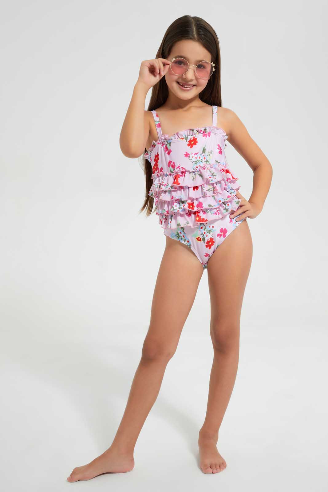 Redtag-Pink-Floral-One-Piece-Frilled-Swimsuit-Category:Swimwear,-Colour:Pink,-Deals:3-For-90,-Deals:Sale,-Filter:Girls-(2-to-8-Yrs),-Girls-Swimwear,-S22D,-Sale-GIR-APL,-Section:Girls-(0-to-14Yrs)-Girls-2 to 8 Years