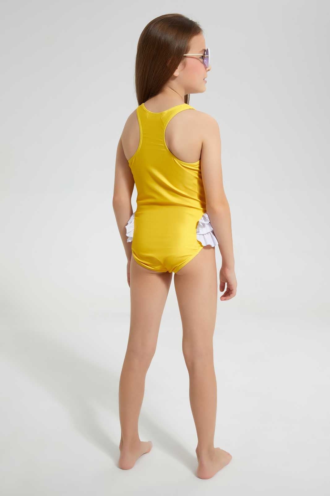 Redtag-Yellow-One-Piece-Swimsuit-Category:Swimwear,-Colour:Yellow,-Deals:4-For-90,-Deals:Sale,-Filter:Girls-(2-to-8-Yrs),-Girls-Swimwear,-S22D,-Sale-GIR-APL,-Section:Girls-(0-to-14Yrs)-Girls-2 to 8 Years