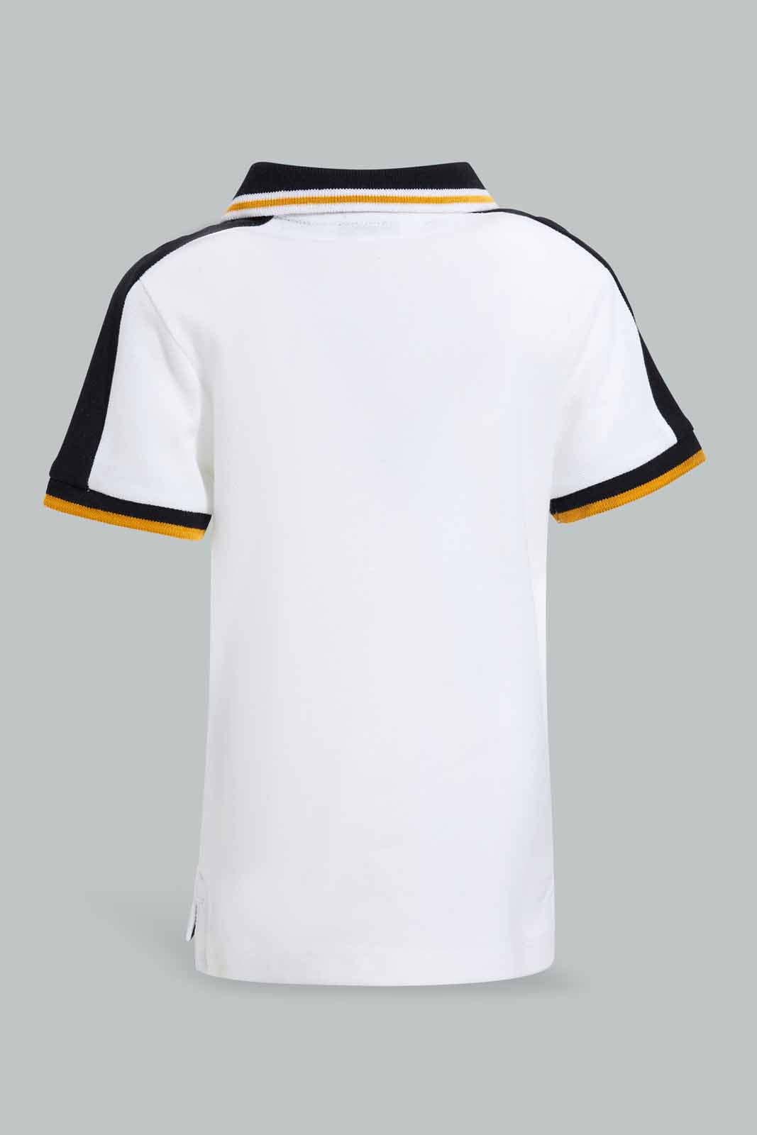 Redtag-White-Pique-Polo-With-Tipping-Collar-And-Placement-Print-Polo-Shirts-Infant-Boys-3 to 24 Months