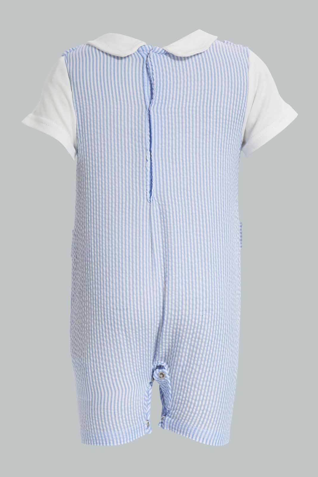 Redtag-Blue-And-White-Seer-Sucker-Dungaree-APL,-Category:Sleepsuits,-Colour:Blue,-Deals:New-In,-Festive,-Filter:Baby-(0-to-12-Mths),-NBB-Sleepsuits,-New-In-NBB-APL,-Non-Sale,-Section:Boys-(0-to-14Yrs),-W22O-Baby-0 to 12 Months