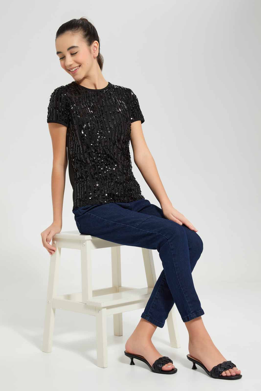 Redtag-Black-Sequin-Top-Category:T-Shirts,-Colour:Black,-Deals:New-In,-Festive,-Filter:Senior-Girls-(9-to-14-Yrs),-GSR-T-Shirts,-New-In-GSR-APL,-Non-Sale,-Section:Girls-(0-to-14Yrs),-W22O-Senior-Girls-9 to 14 Years