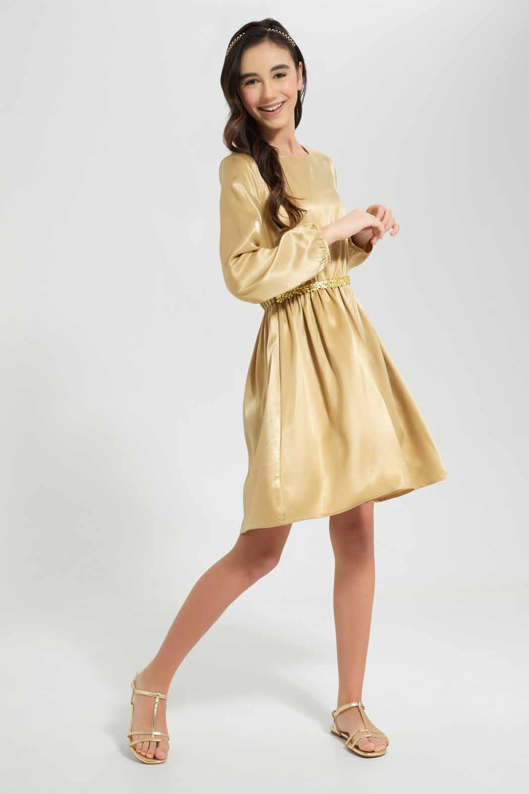 Redtag-Beige-Sateen-Dress-Category:Dresses,-Colour:Beige,-Deals:New-In,-Festive,-Filter:Senior-Girls-(9-to-14-Yrs),-GSR-Dresses,-New-In-GSR-APL,-Non-Sale,-Section:Girls-(0-to-14Yrs),-W22O-Senior-Girls-9 to 14 Years