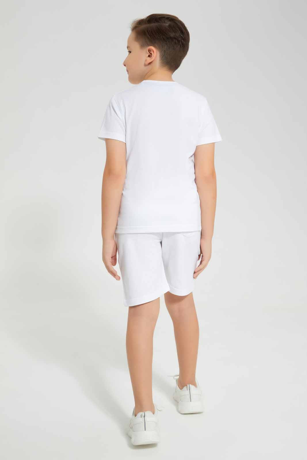 Redtag-White-Never-Pause-Print-T-Shirt-And-Short-Set-BOY-Sets,-Category:Sets,-Colour:White,-Deals:New-In,-EID,-Filter:Boys-(2-to-8-Yrs),-New-In-BOY-APL,-Non-Sale,-Section:Boys-(0-to-14Yrs),-W22O-Boys-2 to 8 Years