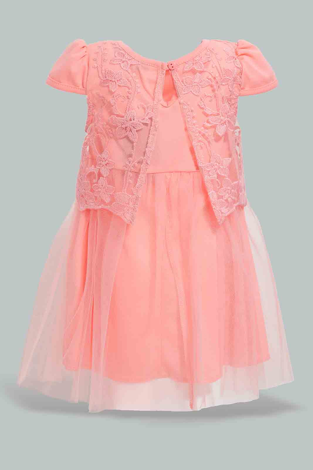 Redtag-Coral-Cap-Sleeves-Lace-Dress-Category:Dresses,-Colour:Coral,-Deals:New-In,-EID,-Filter:Infant-Girls-(3-to-24-Mths),-ING-Dresses,-New-In-ING-APL,-Non-Sale,-Section:Girls-(0-to-14Yrs),-W22O-Infant-Girls-3 to 24 Months