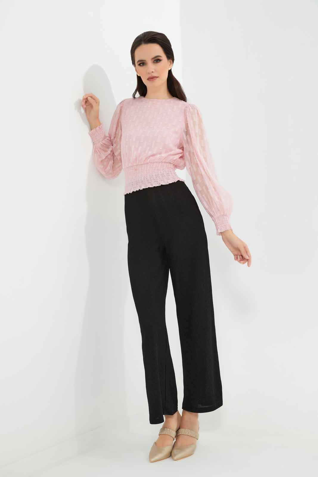 Redtag-Pink-Gold-Lurex-Dobby-Smocked-Hem-Blouse-Category:Blouses,-Colour:Apricot,-Deals:New-In,-EID,-Filter:Women's-Clothing,-New-In-Women-APL,-Non-Sale,-Section:Women,-W22O,-Women-Blouses-Women's-