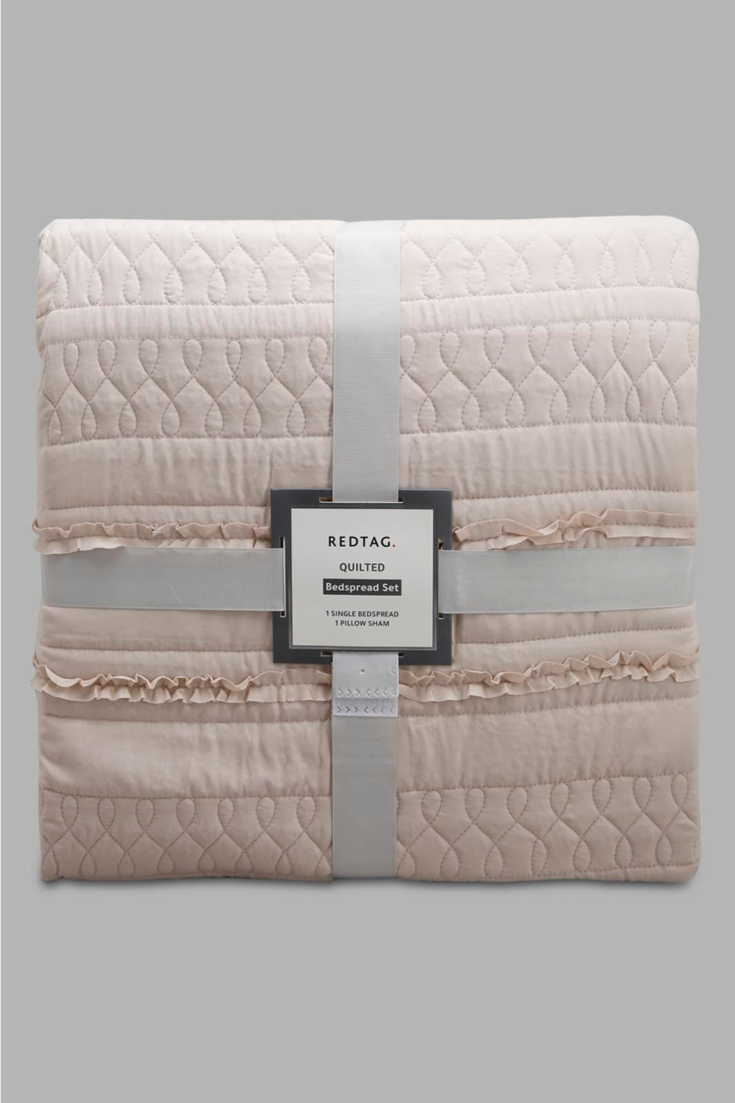 Redtag-Beige-Bedspread-Set-With-Ruffle-(Single-Size)-Category:Bedspreads,-Colour:Beige,-Deals:New-In,-Filter:Home-Bedroom,-HMW-BED-Bedspreads,-New-In-HMW-BED,-Non-Sale,-Section:Homewares,-W22O-Home-Bedroom-