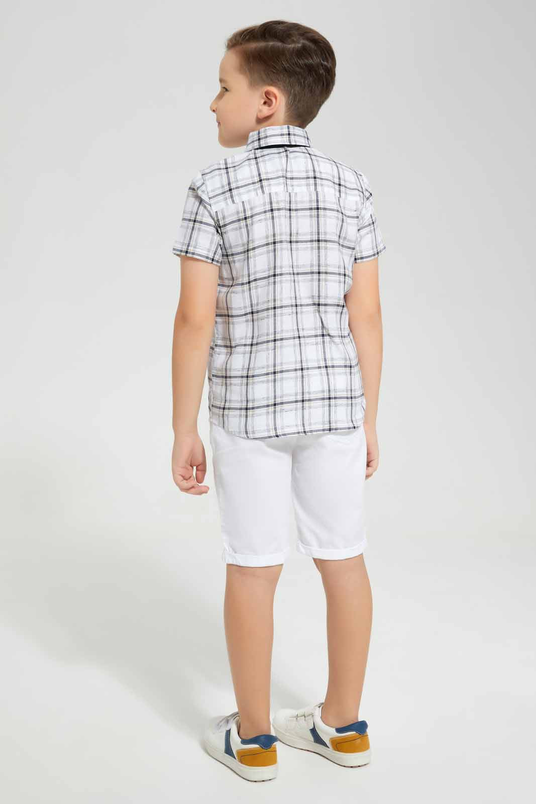 Redtag-White-Flannel-Check-Shirt-With-Bow-And-Short-Set-BOY-Sets,-Category:Sets,-Colour:White,-Deals:New-In,-EID,-Filter:Boys-(2-to-8-Yrs),-New-In-BOY-APL,-Non-Sale,-Section:Boys-(0-to-14Yrs),-W22O-Boys-2 to 8 Years