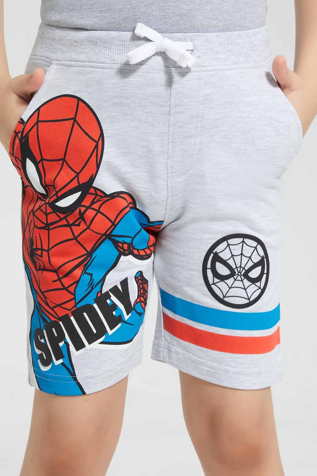 Redtag-Grey-Spiderman-Print-Elasticated-Waist-Shorts-BOY-Shorts,-Category:Shorts,-CHR,-Colour:Grey,-Deals:New-In,-Filter:Boys-(2-to-8-Yrs),-New-In-BOY-APL,-Non-Sale,-Section:Boys-(0-to-14Yrs),-TBL,-W22O-Boys-2 to 8 Years