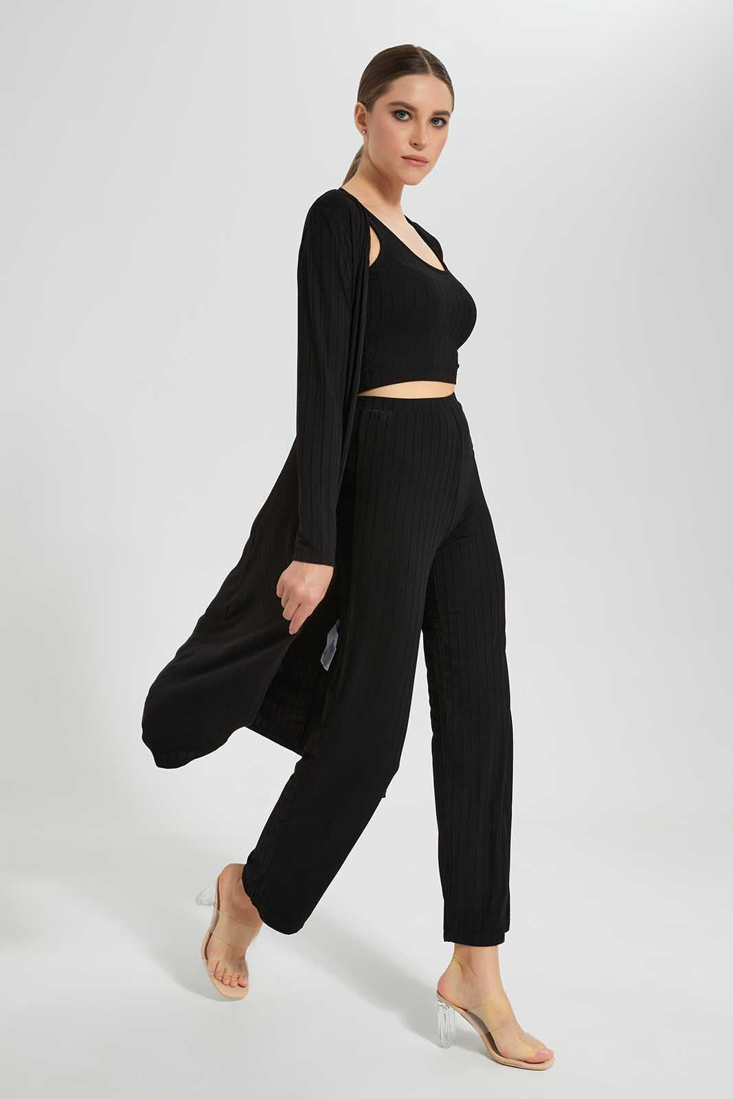 Redtag-Black-Long-Cardigan-With-And-Crop-Top-Category:Cardigans,-Colour:Black,-Deals:New-In,-Filter:Women's-Clothing,-LEC,-LEC-Cardigans,-New-In-LEC,-Non-Sale,-Section:Women,-W22O-Women's-