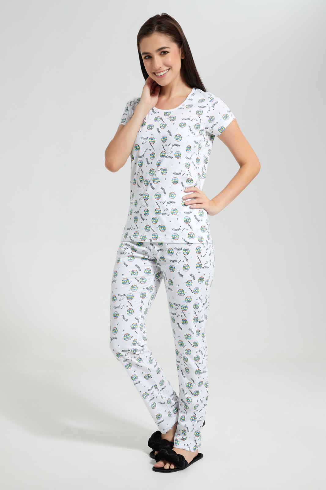 Redtag-White/Grey-Panda-Stripe-Printed-Pyjama-Set-Category:Pyjama-Sets,-Colour:Assorted,-Deals:New-In,-Filter:Women's-Clothing,-New-In-Women,-Non-Sale,-Section:Women,-TBL,-W22O,-Women-Pyjama-Sets--