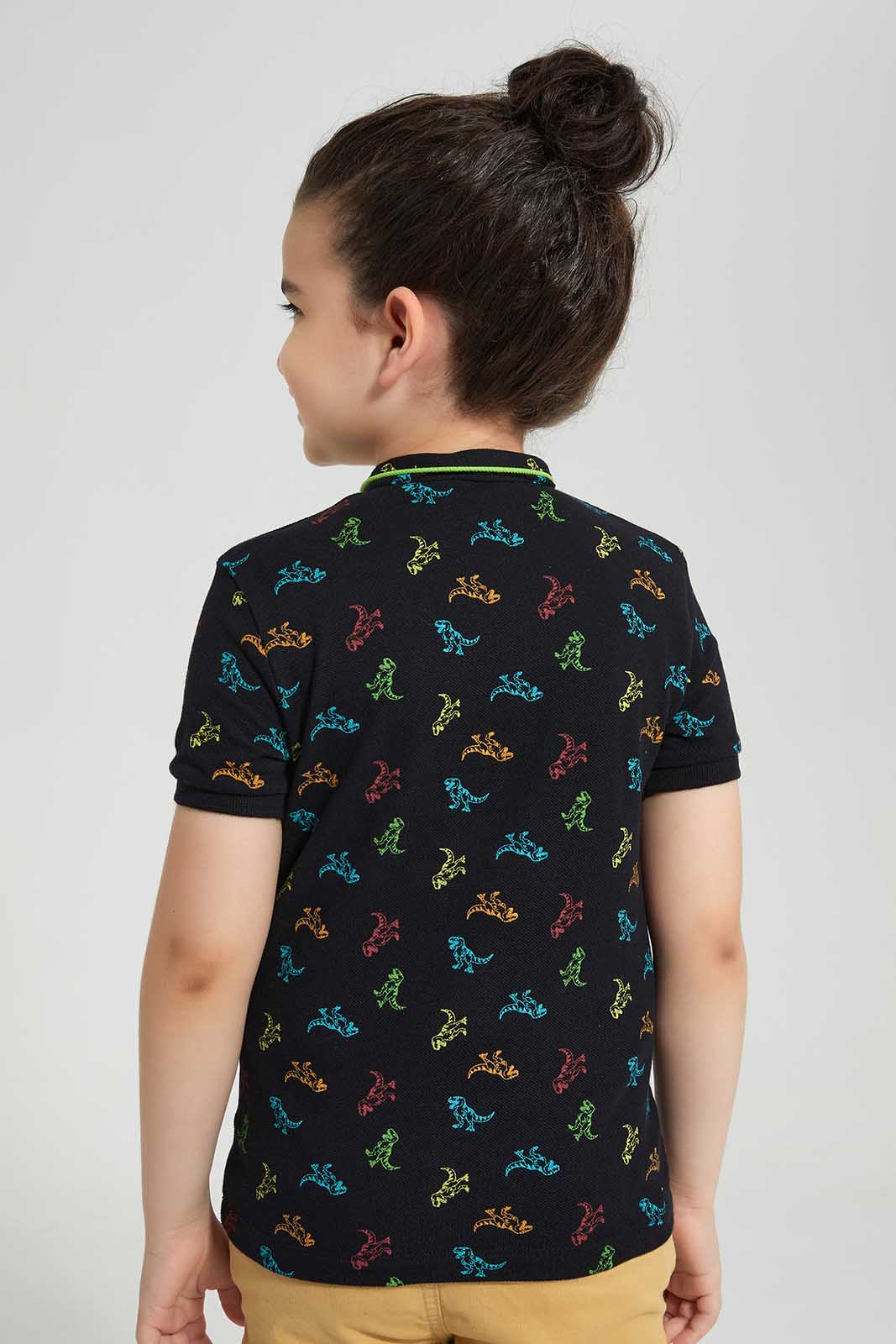 Redtag-Black-Dino-AOP-Stand-up-Collar-Polo-T-Shirt-BOY-Polo-T-Shirts,-Category:Polo-T-Shirts,-Colour:Black,-Deals:New-In,-Filter:Boys-(2-to-8-Yrs),-New-In-BOY-APL,-Non-Sale,-Section:Boys-(0-to-14Yrs),-TBL,-W22O-Boys-2 to 8 Years