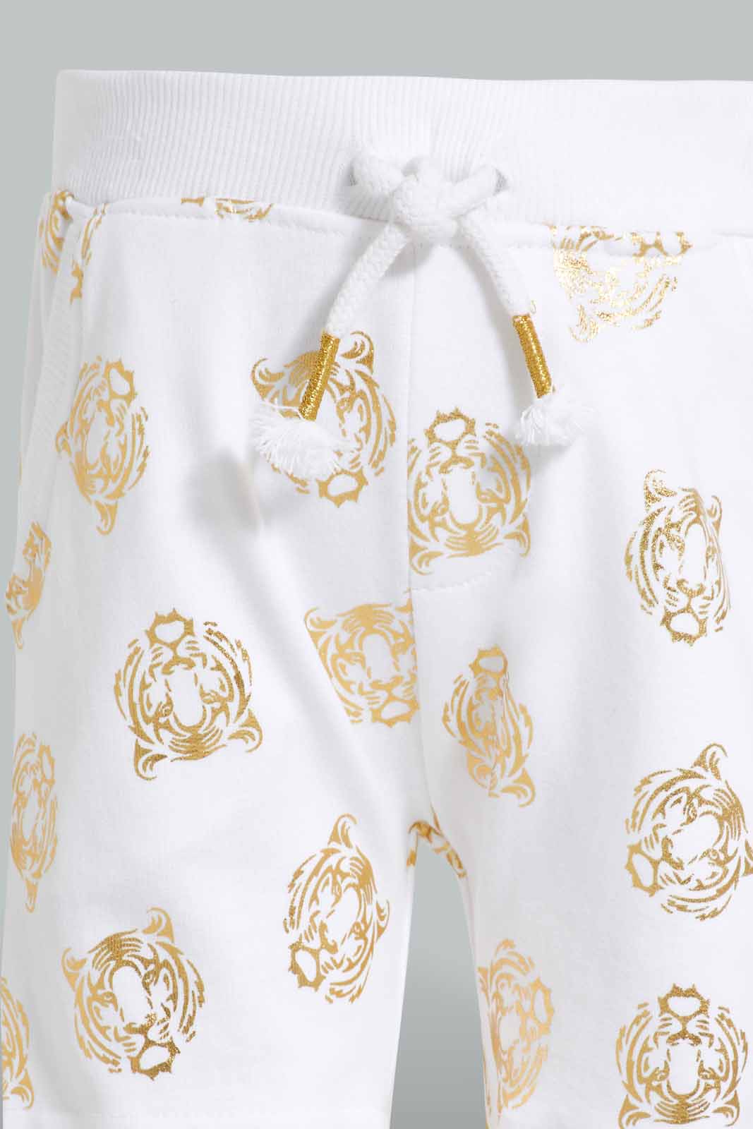 Redtag-White-knit-To-Terry-Set-With-Tiger-Foil-Printed-(-2-Pcs-Set-)-Category:Sets,-Colour:White,-Deals:New-In,-Filter:Infant-Boys-(3-to-24-Mths),-INB-Sets,-New-In-INB-APL,-Non-Sale,-Section:Boys-(0-to-14Yrs),-W22O-Infant-Boys-3 to 24 Months