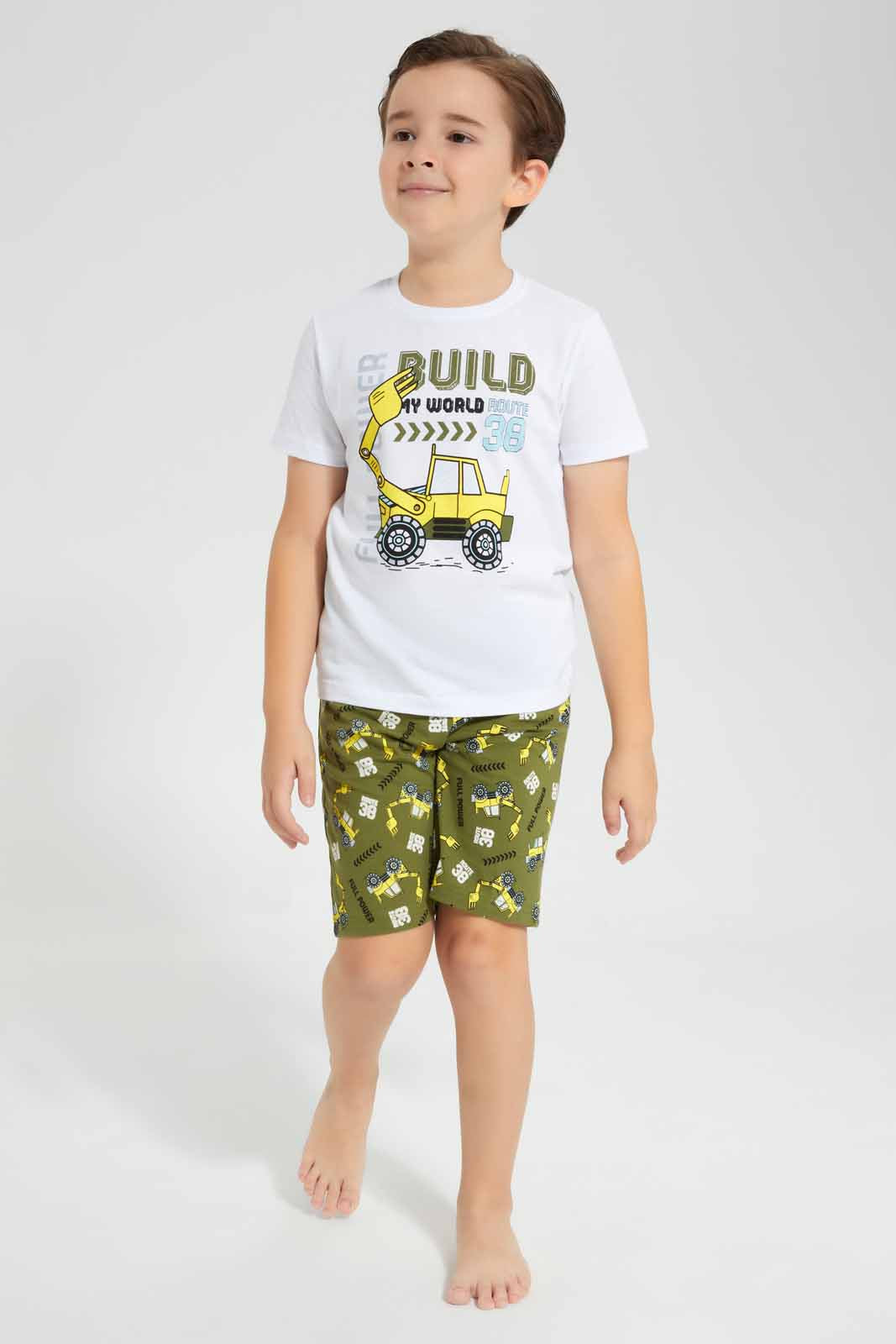 Redtag-White-truck-Print-T-Shirt-And-Printed-Shorts-SPJ-Set-BOY-Pyjama-Sets,-Category:Pyjama-Sets,-Colour:White,-Deals:New-In,-Filter:Boys-(2-to-8-Yrs),-New-In-BOY-APL,-Non-Sale,-PPE,-Section:Boys-(0-to-14Yrs),-W22O-Boys-2 to 8 Years