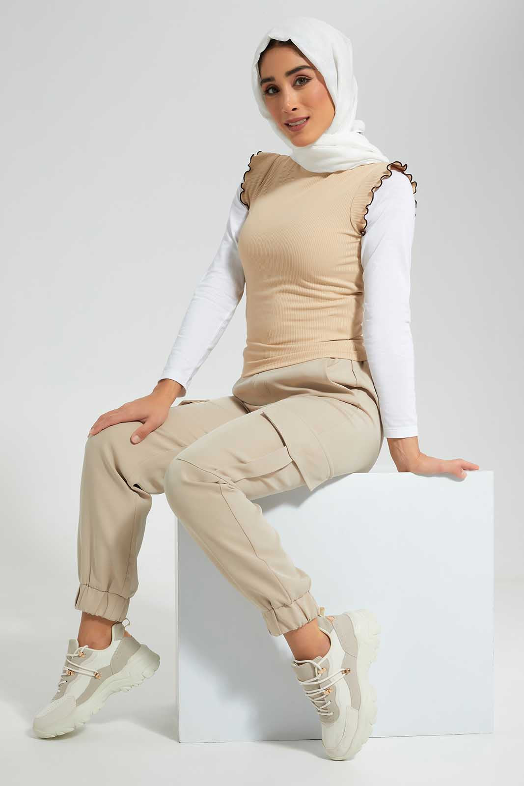 Redtag-Hi-Neck-Contrast-Ruffled-Tipping-Ribbed-Top-Category:Tops,-Colour:Apricot,-Deals:New-In,-Filter:Women's-Clothing,-LMC,-New-In-Women-APL,-Non-Sale,-Section:Women,-W22O,-Women-Tops--