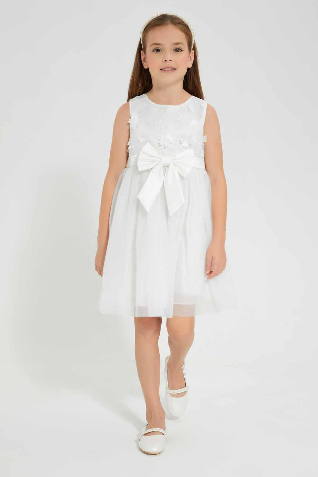 Redtag-White-Flower-Applique-&-Bow-Tulle-Dress-Category:Dresses,-Colour:White,-Deals:New-In,-EID,-Filter:Girls-(2-to-8-Yrs),-GIR-Dresses,-New-In-GIR-APL,-Non-Sale,-Section:Girls-(0-to-14Yrs),-W22O-Girls-2 to 8 Years