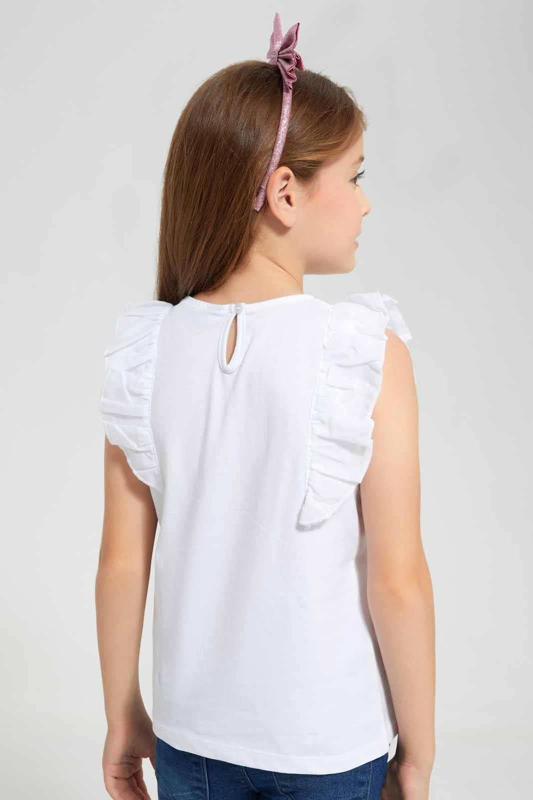 Redtag-White-Applique-Tee-With-Ruffle-Detail-Category:T-Shirts,-Colour:White,-Deals:New-In,-EID,-Filter:Girls-(2-to-8-Yrs),-GIR-T-Shirts,-New-In-GIR-APL,-Non-Sale,-Section:Girls-(0-to-14Yrs),-W22O-Girls-2 to 8 Years