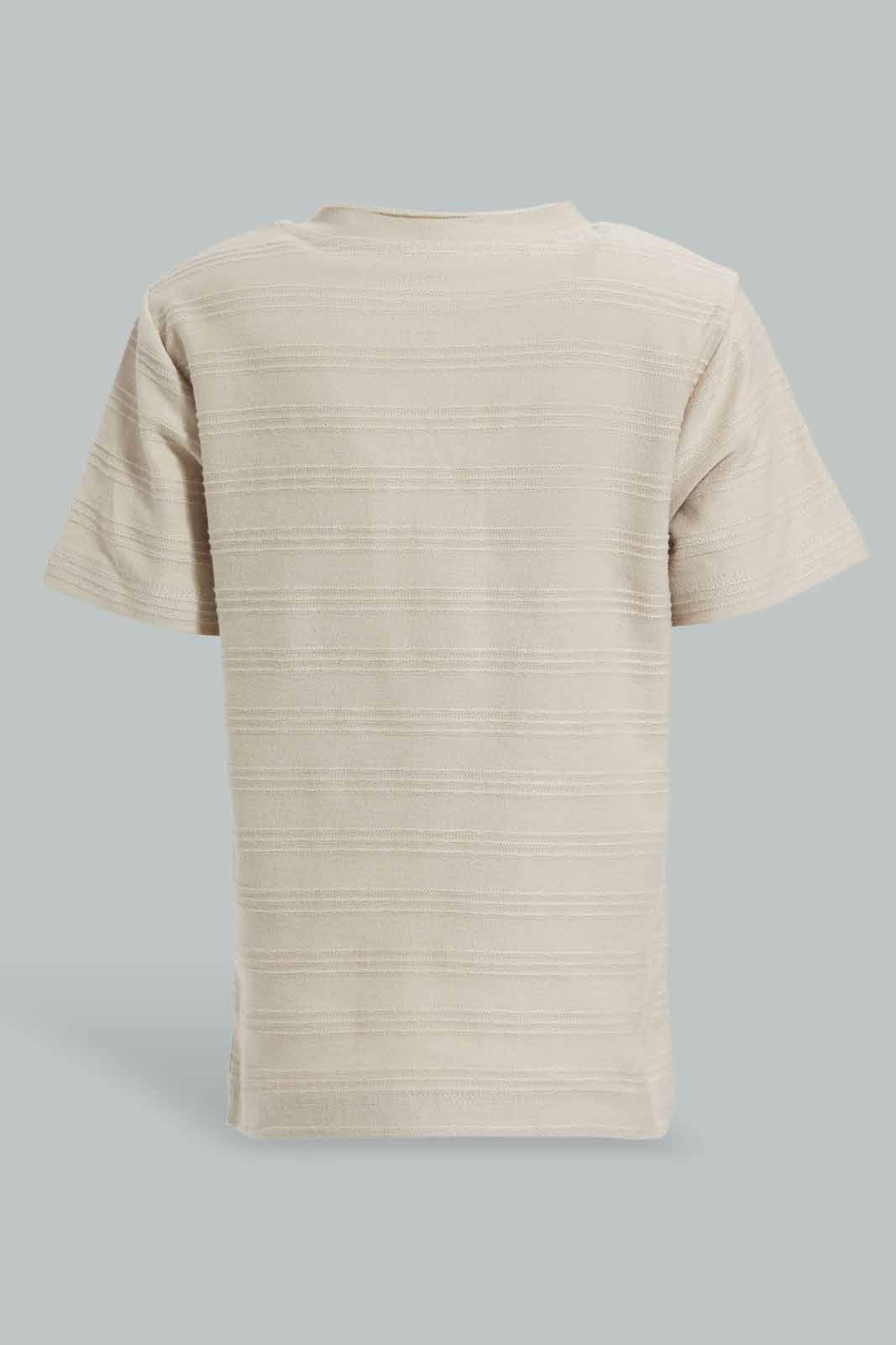 Redtag-Stone-Jacquard-T-Shirt-Category:T-Shirts,-Colour:Beige,-Deals:New-In,-Filter:Infant-Boys-(3-to-24-Mths),-INB-T-Shirts,-New-In-INB-APL,-Non-Sale,-Section:Boys-(0-to-14Yrs),-TBL,-W22O-Infant-Boys-3 to 24 Months