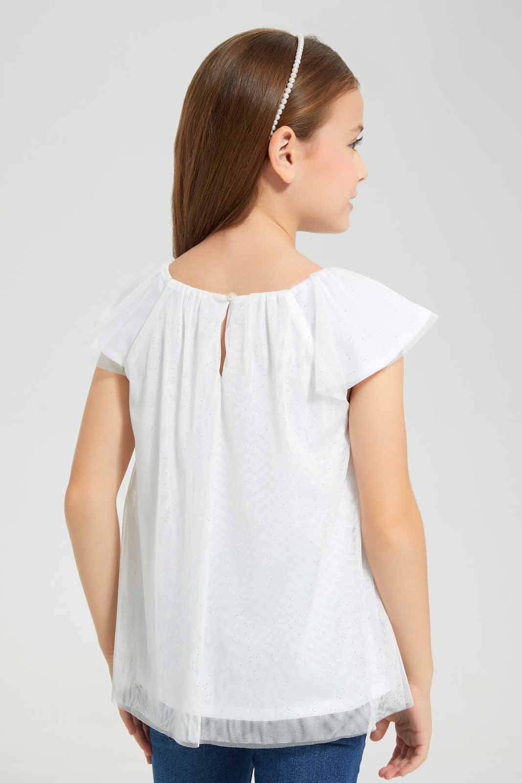 Redtag-White-Glitter-Tulle-Blouse-Category:Blouses,-Colour:White,-Deals:New-In,-EID,-Filter:Girls-(2-to-8-Yrs),-GIR-Blouses,-New-In-GIR-APL,-Non-Sale,-Section:Girls-(0-to-14Yrs),-W22O-Girls-2 to 8 Years