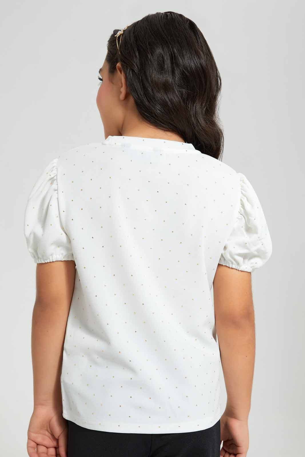 Redtag-White-Crepe-Giltter-Puff-Sleeve-Blouse-Category:Blouses,-Colour:White,-Deals:New-In,-EID,-Filter:Girls-(2-to-8-Yrs),-GIR-Blouses,-New-In-GIR,-Non-Sale,-Section:Girls-(0-to-14Yrs),-W22O-Girls-2 to 8 Years