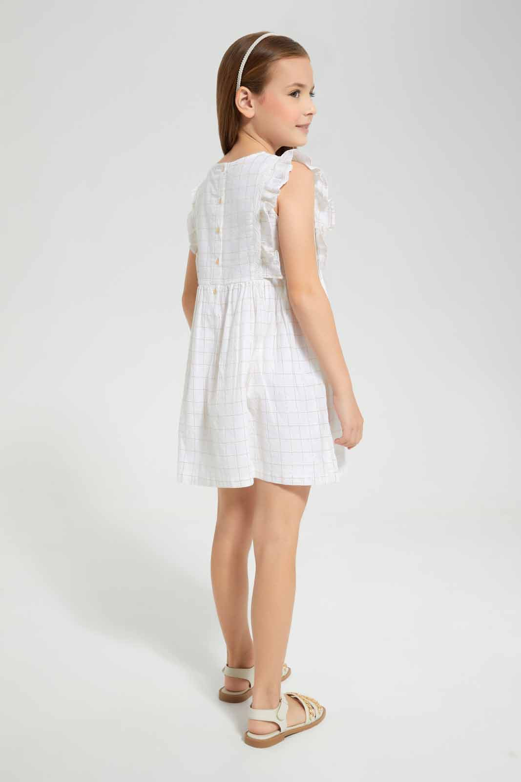 Redtag-White-Woven-Lurex-Check-Dress-Category:Dresses,-Colour:White,-Deals:New-In,-EID,-Filter:Girls-(2-to-8-Yrs),-GIR-Dresses,-New-In-GIR-APL,-Non-Sale,-Section:Girls-(0-to-14Yrs),-W22O-Girls-2 to 8 Years