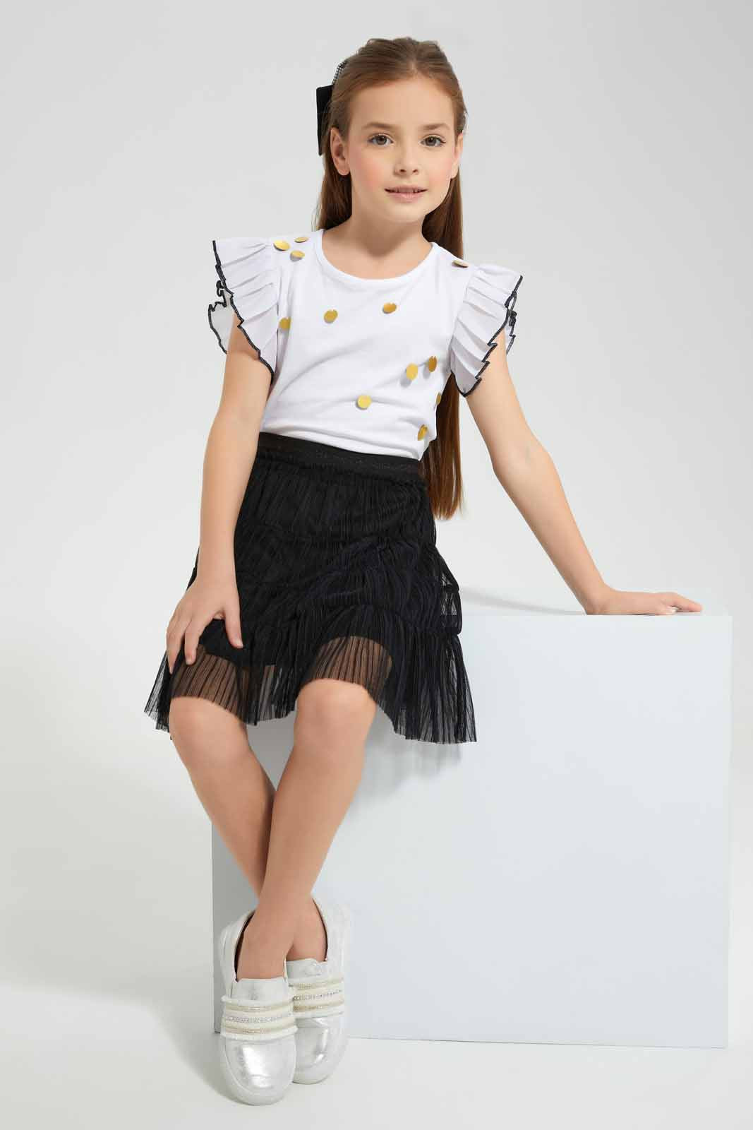 Redtag-White-SJ-Tee-With-Gold/Black-Applique-Category:Blouses,-Colour:White,-Deals:New-In,-EID,-Filter:Girls-(2-to-8-Yrs),-GIR-Blouses,-New-In-GIR-APL,-Non-Sale,-Section:Girls-(0-to-14Yrs),-W22O-Girls-2 to 8 Years