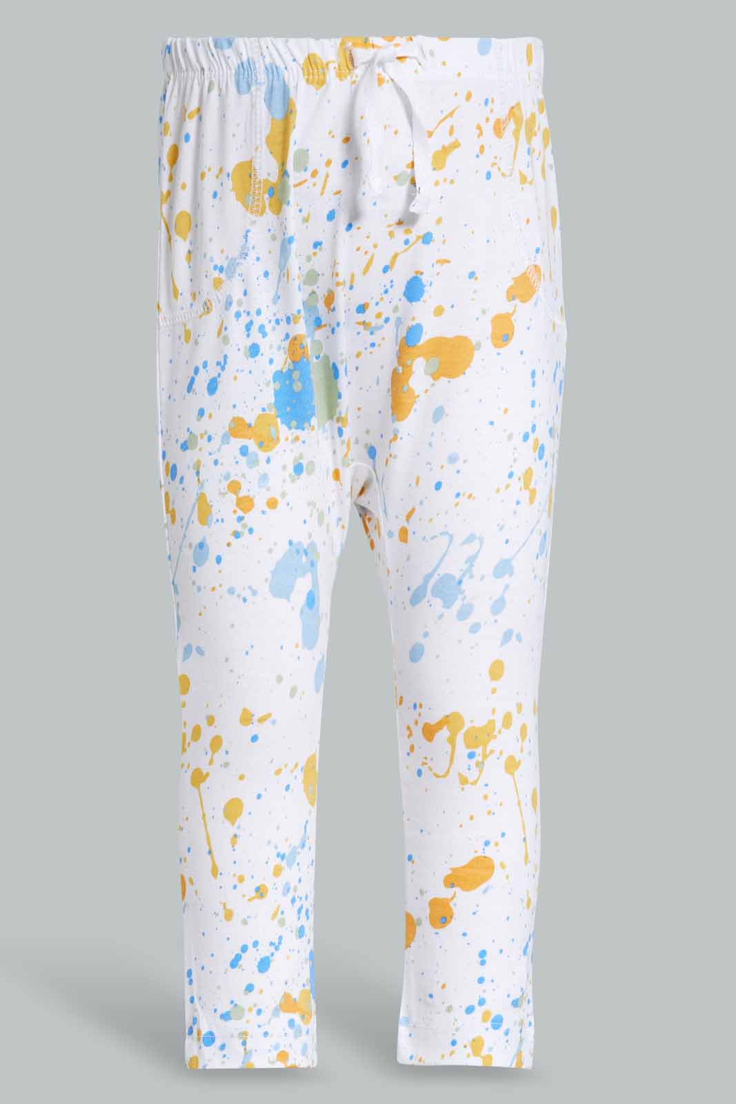 Redtag-Mustard-Blue-And-White-Splater-Leggings-(3-Pack)-Category:Joggers,-Colour:Mustard,-Deals:New-In,-Filter:Infant-Boys-(3-to-24-Mths),-INB-Joggers,-New-In-INB-APL,-Non-Sale,-Section:Boys-(0-to-14Yrs),-W22O-Infant-Boys-3 to 24 Months