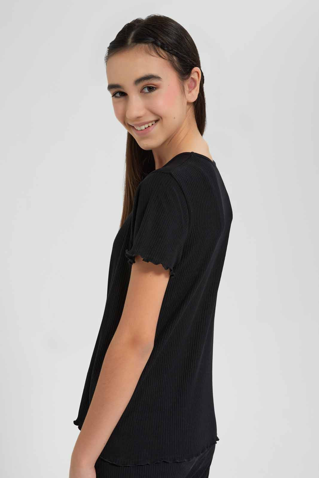 Redtag-Black-Rib-T-Shirt-Category:T-Shirts,-Colour:Black,-Deals:New-In,-Filter:Senior-Girls-(9-to-14-Yrs),-GSR-T-Shirts,-New-In-GSR-APL,-Non-Sale,-Section:Girls-(0-to-14Yrs),-TBL,-W22O-Senior-Girls-9 to 14 Years