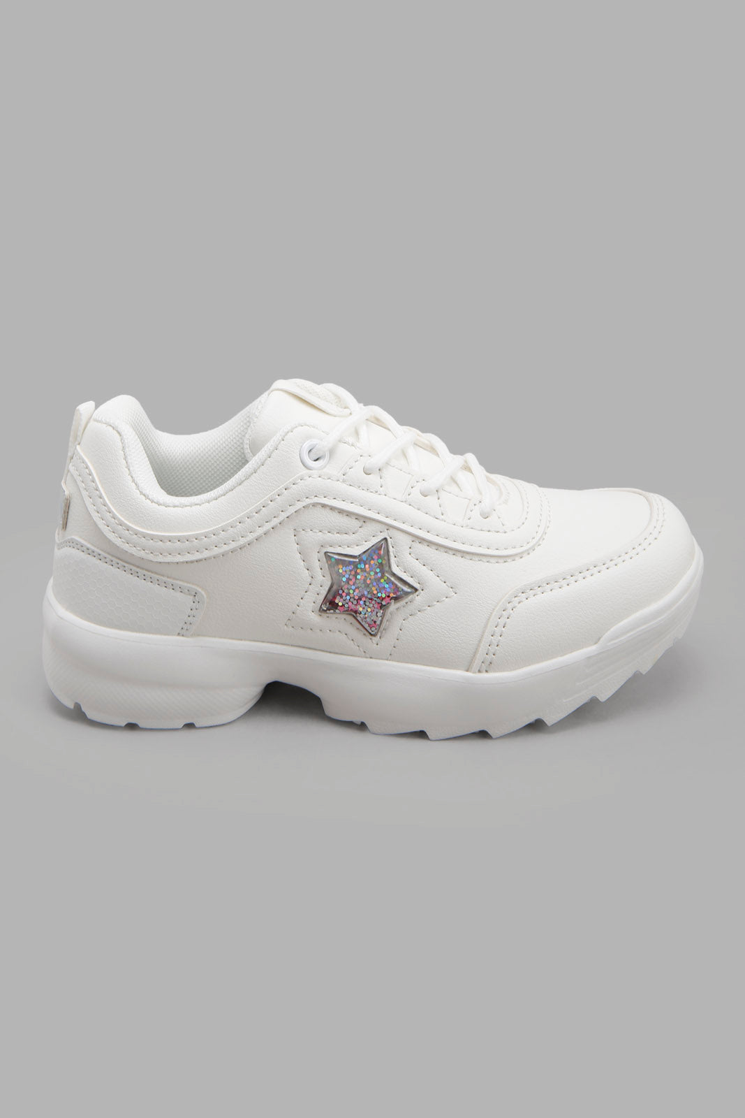 Redtag-White-Star-Trim-Chunky-Sneaker-Category:Trainers,-Colour:White,-Deals:New-In,-Filter:Girls-Footwear-(5-to-14-Yrs),-GSR-Trainers,-New-In-GSR-FOO,-Non-Sale,-Section:Girls-(0-to-14Yrs),-W22A-Senior-Girls-5 to 14 Years