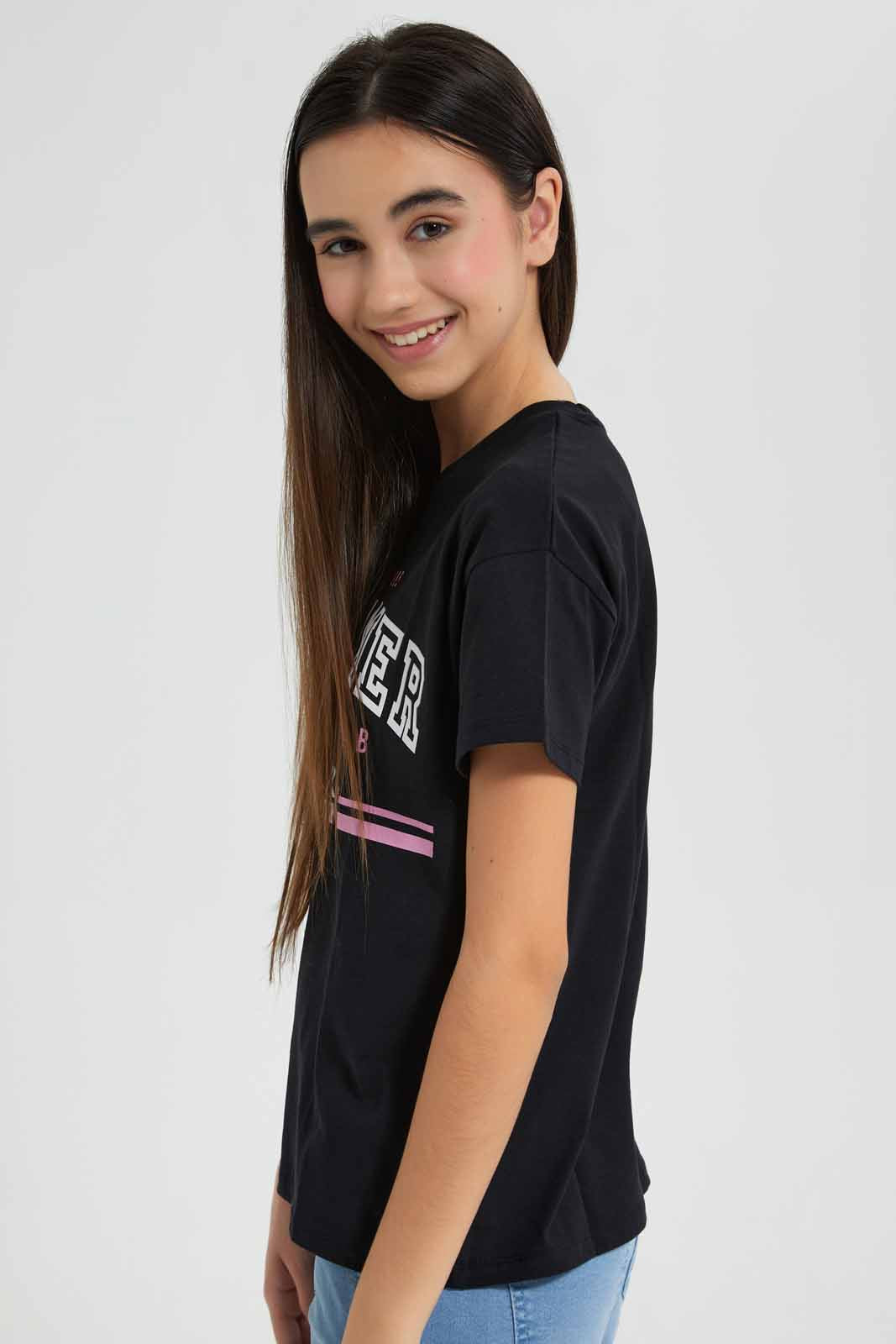 Redtag-Black-Varsity-Boxy-Top-Category:T-Shirts,-Colour:Black,-Deals:New-In,-Filter:Senior-Girls-(9-to-14-Yrs),-GSR-T-Shirts,-New-In-GSR-APL,-Non-Sale,-Section:Girls-(0-to-14Yrs),-TBL,-W22O-Senior-Girls-9 to 14 Years
