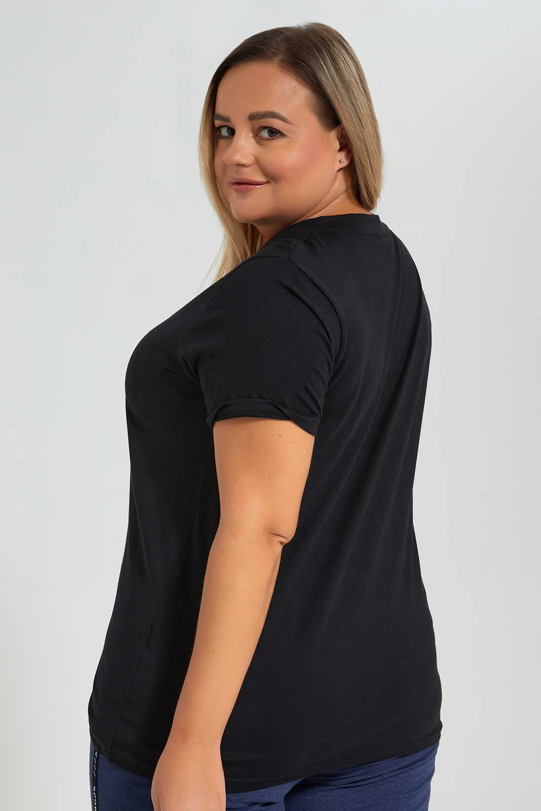 Redtag-Black-S/S-V-Neck-Tee-Category:T-Shirts,-Colour:Black,-Deals:New-In,-Filter:Plus-Size,-LDP-T-Shirts,-New-In-LDP-APL,-Non-Sale,-Section:Women,-TBL,-W22O-Women's-