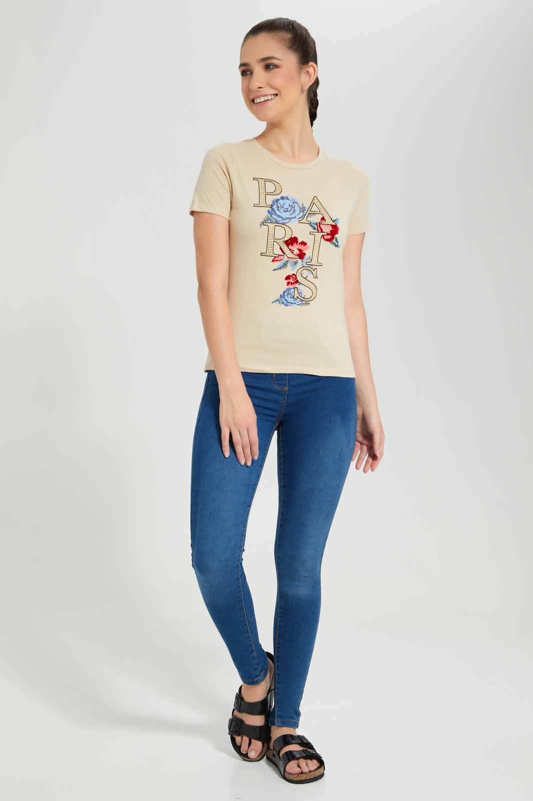 Redtag-Beige-Paris-Floral-Embellished-T-Shirt-Category:T-Shirts,-Colour:Beige,-Deals:New-In,-Filter:Women's-Clothing,-New-In-Women-APL,-Non-Sale,-Section:Women,-TBL,-W22O,-Women-T-Shirts-Women's-