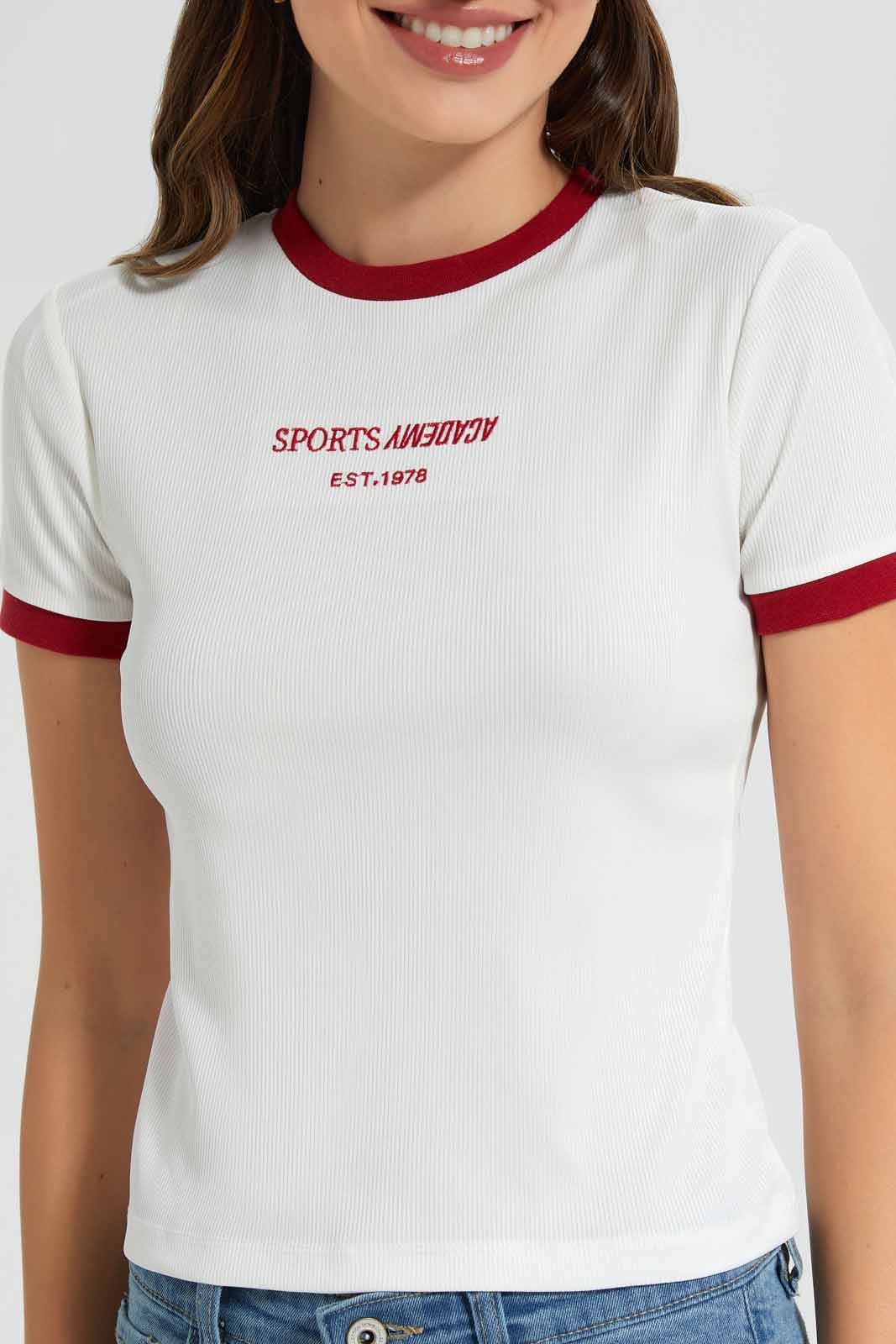 Redtag-White-Placement-Emb-Active-T-Shirt-Category:T-Shirts,-Colour:White,-Deals:New-In,-Filter:Women's-Clothing,-New-In-Women,-Non-Sale,-Section:Women,-W22O,-Women-T-Shirts-Women's-