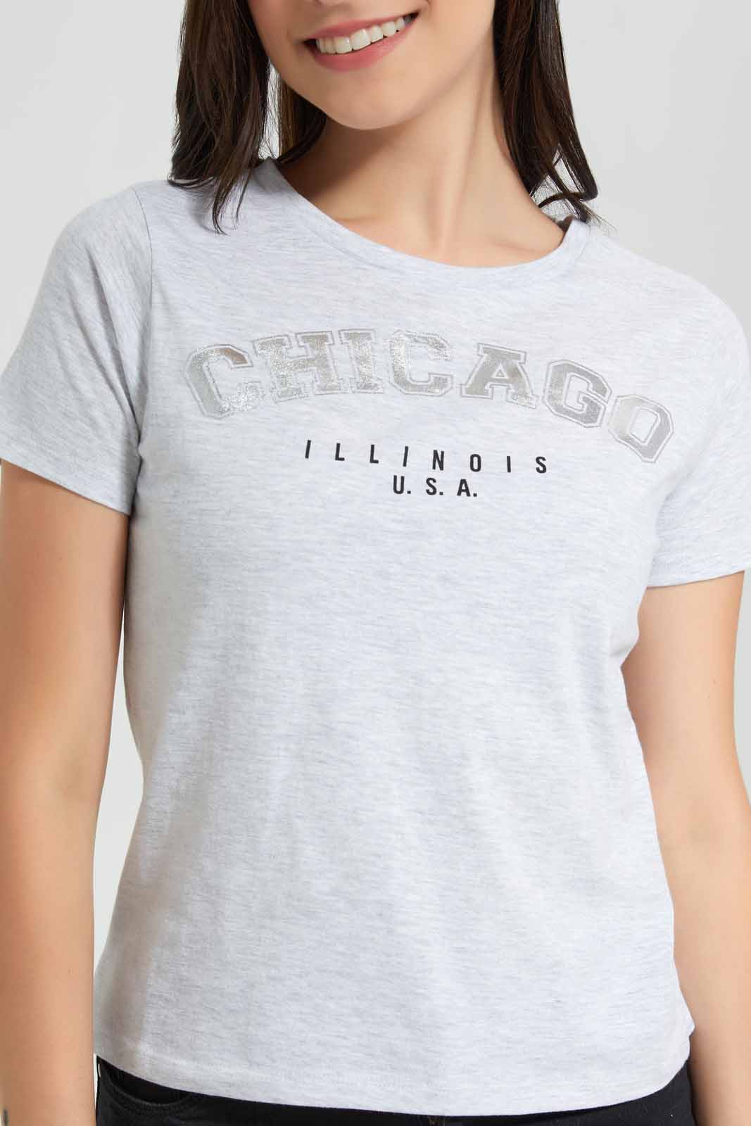 Redtag-Grey-Melange-Chicago-Printed-T-Shirt-Category:T-Shirts,-Colour:Grey,-Deals:New-In,-Filter:Women's-Clothing,-New-In-Women,-Non-Sale,-Section:Women,-TBL,-W22O,-Women-T-Shirts-Women's-