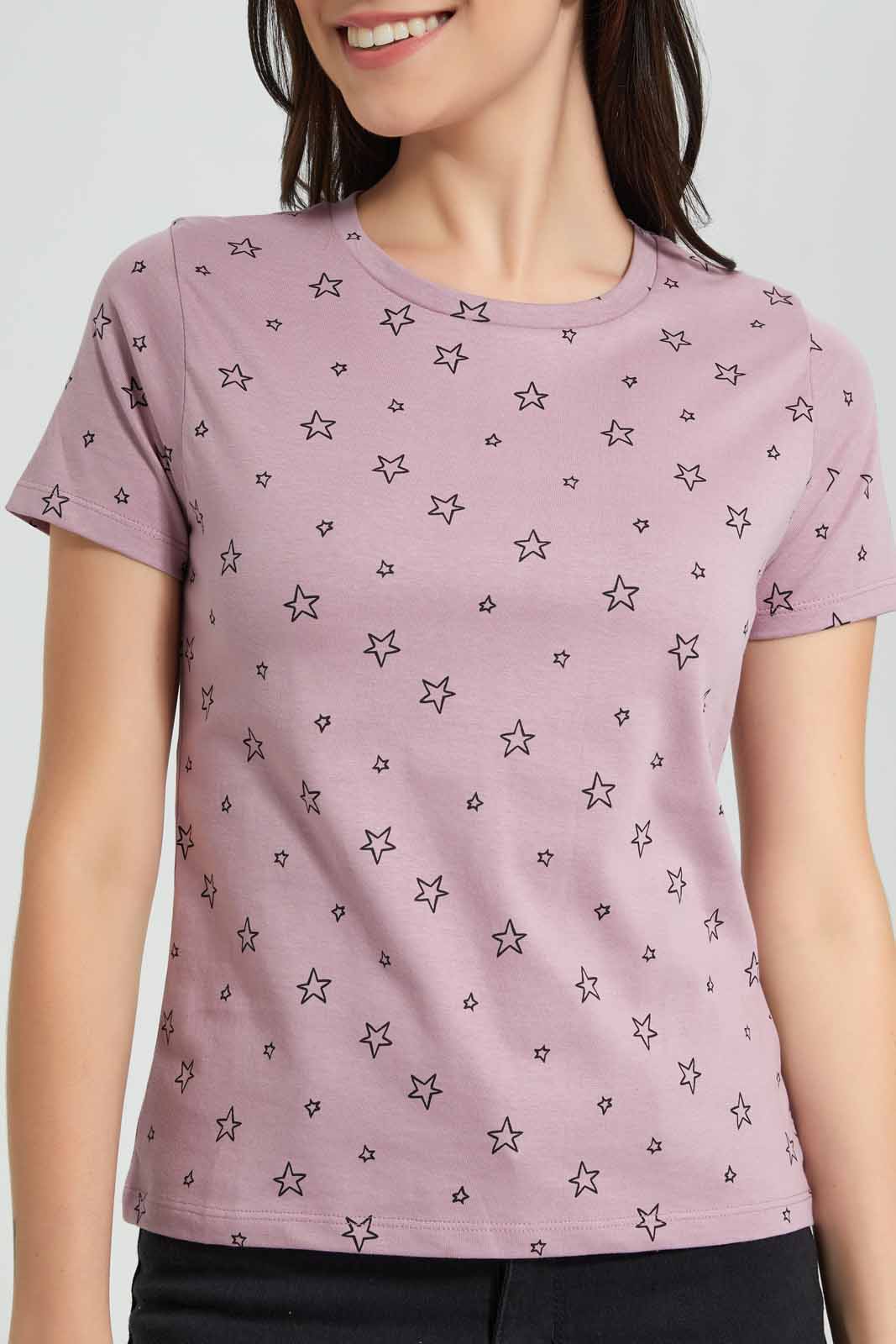 Redtag-Mauve-Allover-Printed-T-Shirt-Category:T-Shirts,-Colour:Mauve,-Deals:New-In,-Filter:Women's-Clothing,-New-In-Women,-Non-Sale,-Section:Women,-TBL,-W22O,-Women-T-Shirts-Women's-