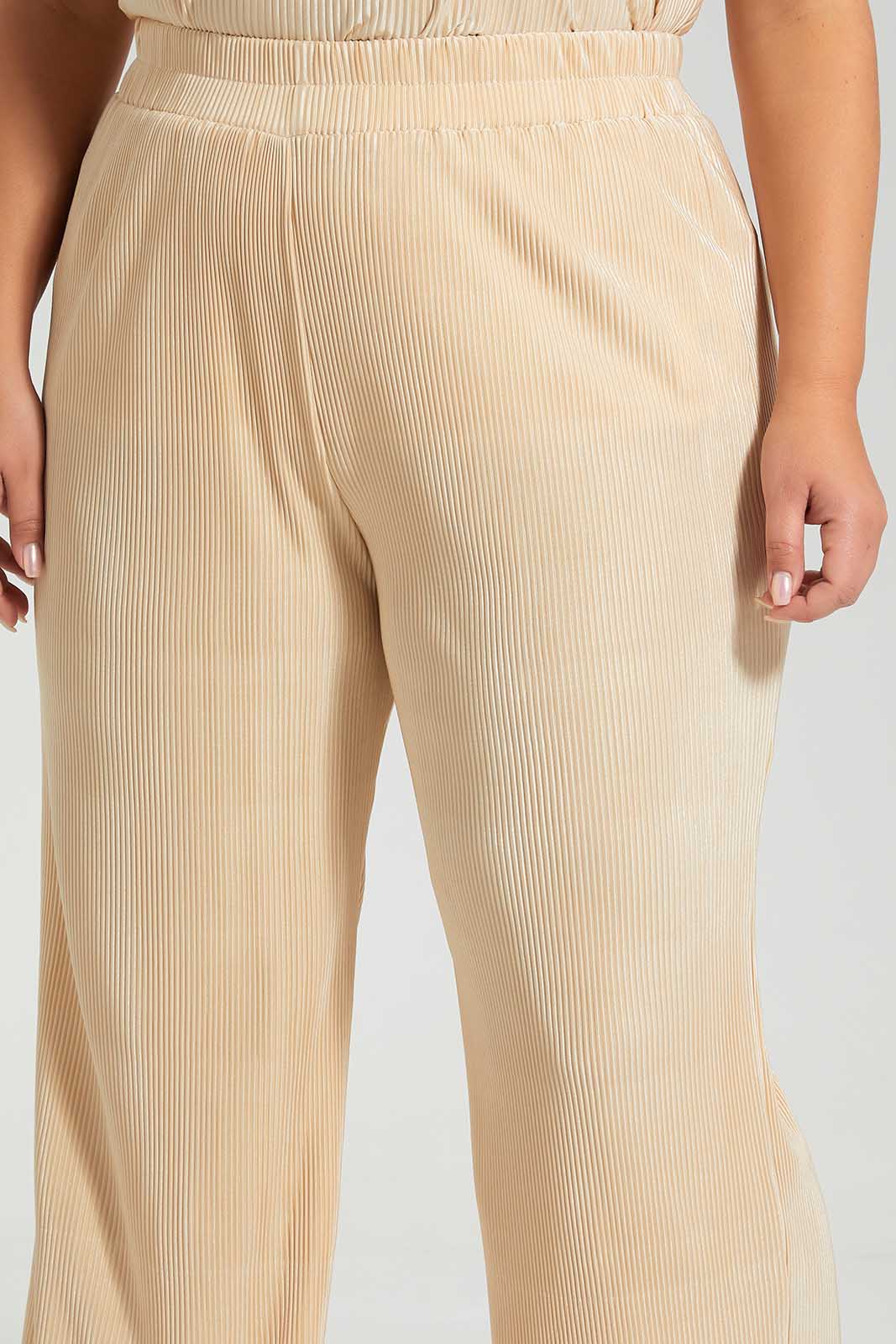 Women Curvy Beige Plain Trouser