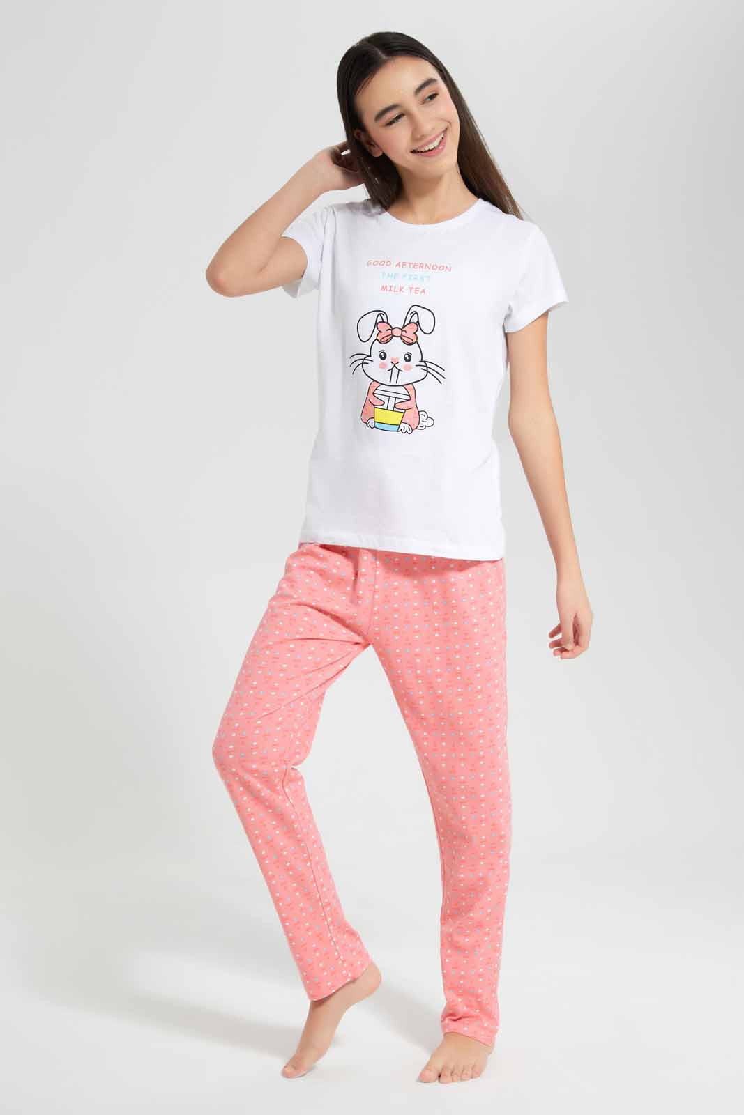 White And Pink Pyjama Set (2 Piece)
