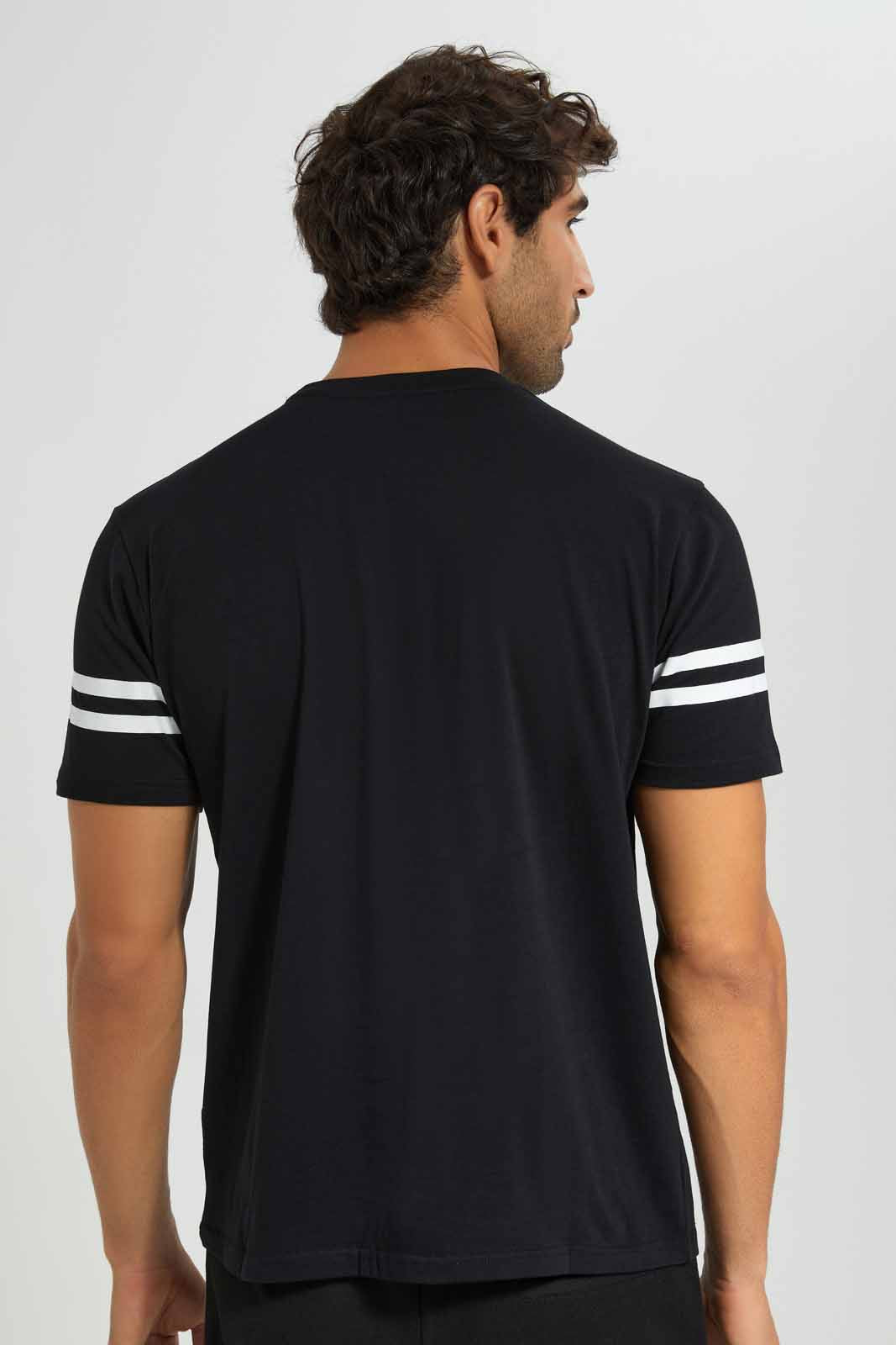 Redtag-Black-T-Shirt-With-Sleeve-Stripes-Category:T-Shirts,-Colour:Black,-Deals:New-In,-Filter:Men's-Clothing,-Men-T-Shirts,-New-In-Men-APL,-Non-Sale,-Section:Men,-TBL,-W22O-Men's-