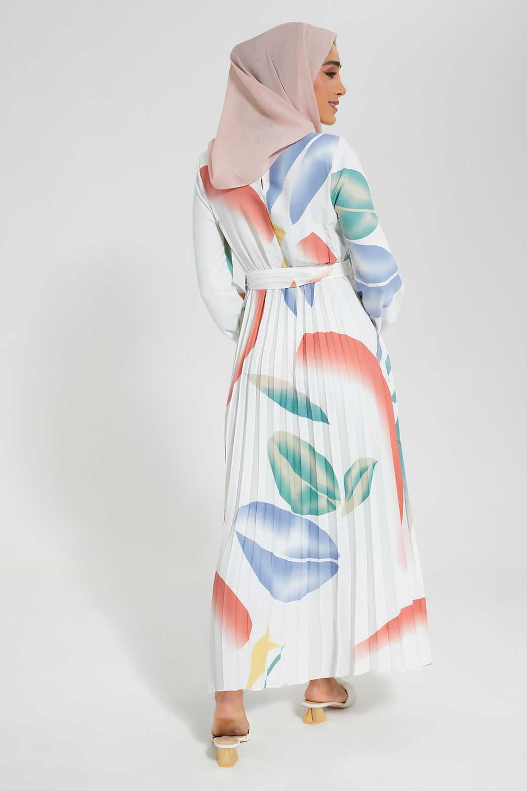 Multicolour Marble Printed Pleated Dress