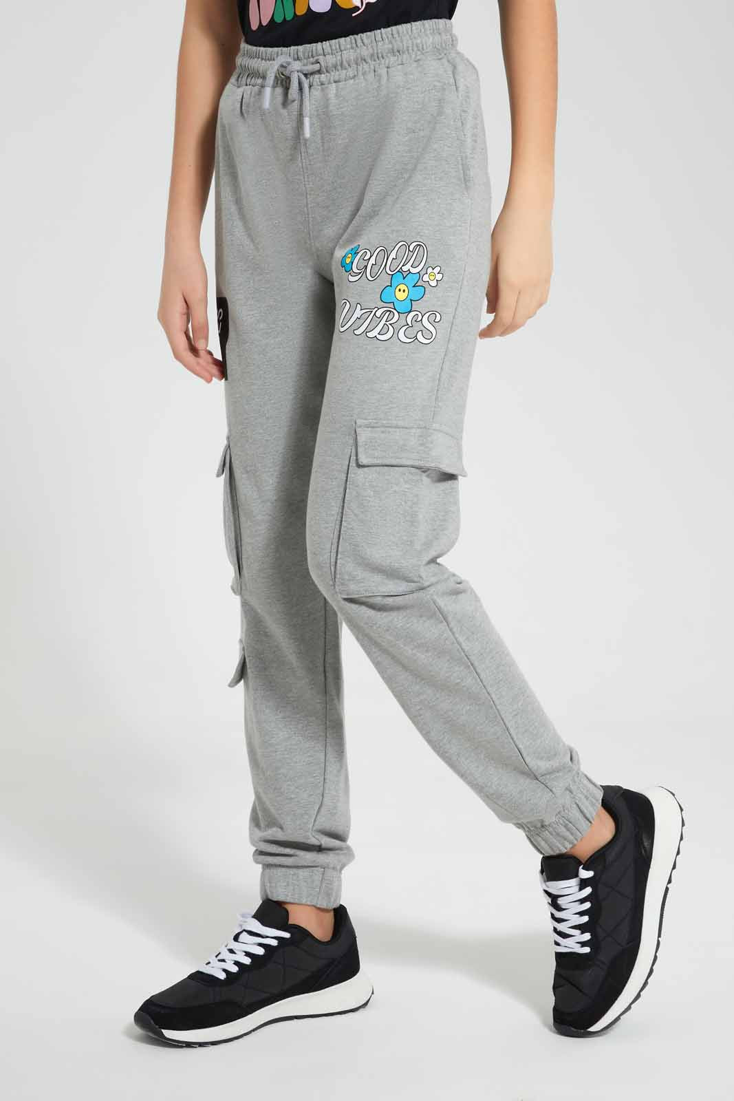 Redtag-Grey-Melange-Cargo-Pocket-with-Zipper-Category:Joggers,-Colour:Grey,-Deals:New-In,-Filter:Senior-Girls-(9-to-14-Yrs),-GSR-Joggers,-New-In-GSR-APL,-Non-Sale,-Section:Girls-(0-to-14Yrs),-W22O-Senior-Girls-9 to 14 Years