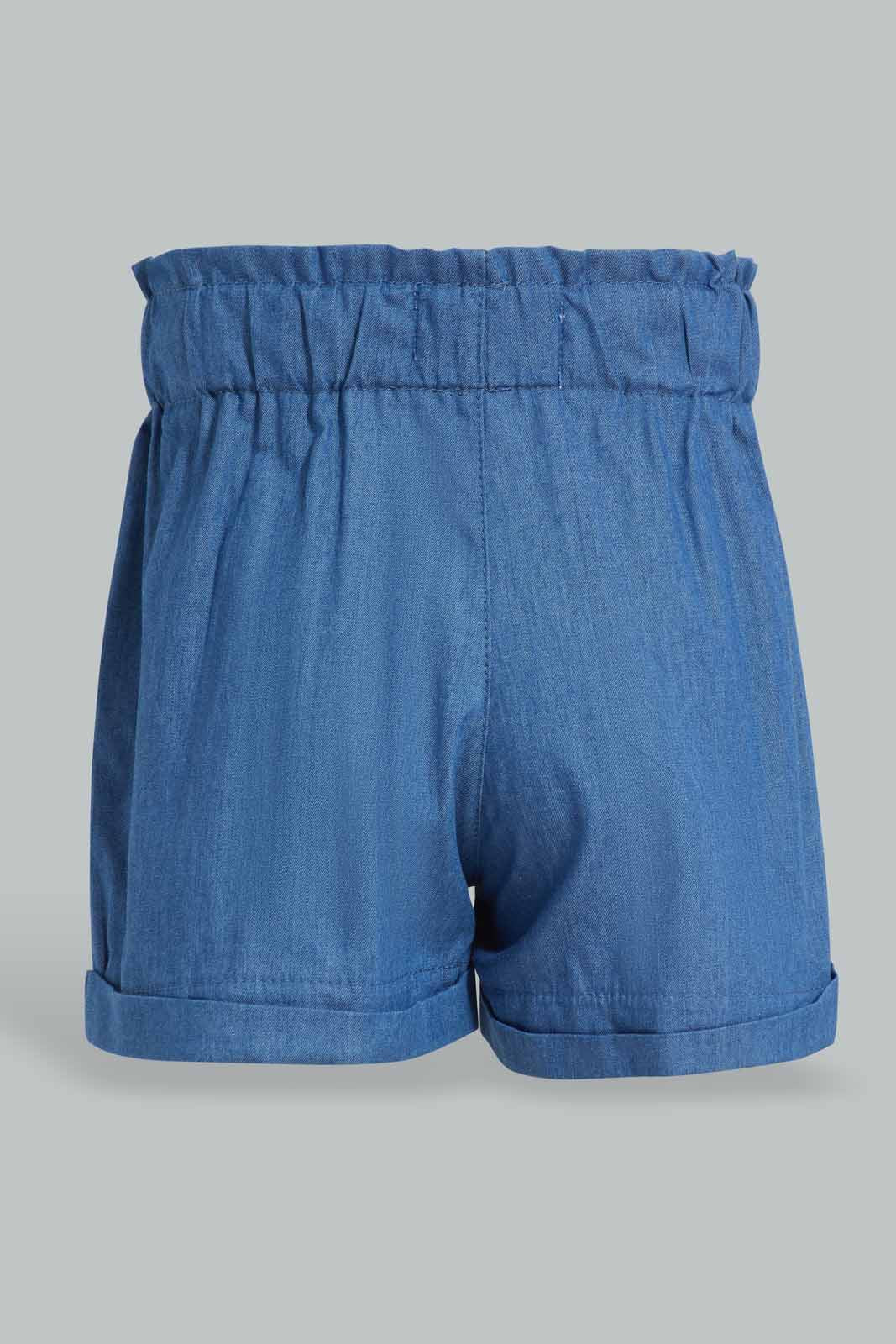 Redtag-Dark-Wash-Denim-Front-Bow-Shorts-Category:Shorts,-Colour:Dark-Wash,-Deals:New-In,-Filter:Infant-Girls-(3-to-24-Mths),-ING-Shorts,-New-In-ING-APL,-Non-Sale,-Section:Girls-(0-to-14Yrs),-W22O-Infant-Girls-3 to 24 Months