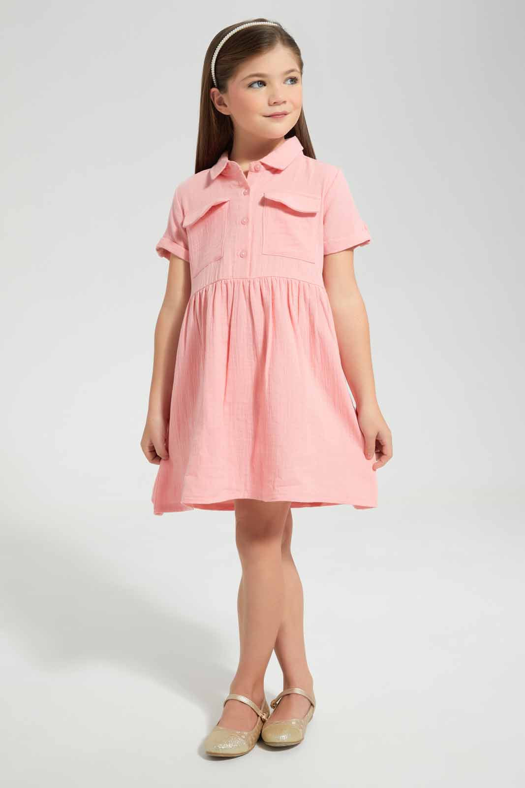 Redtag-Pink-Muslin-Dress-Category:Dresses,-Colour:Apricot,-Deals:New-In,-Filter:Girls-(2-to-8-Yrs),-GIR-Dresses,-New-In-GIR-APL,-Non-Sale,-Section:Girls-(0-to-14Yrs),-W22O-Girls-2 to 8 Years